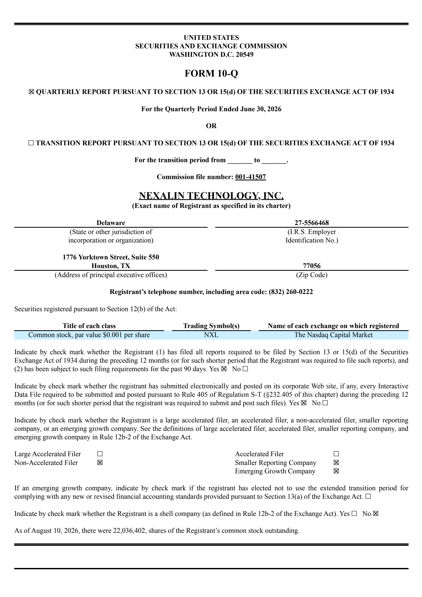 Nexalin Technology's Q2 2026 Quarterly report
