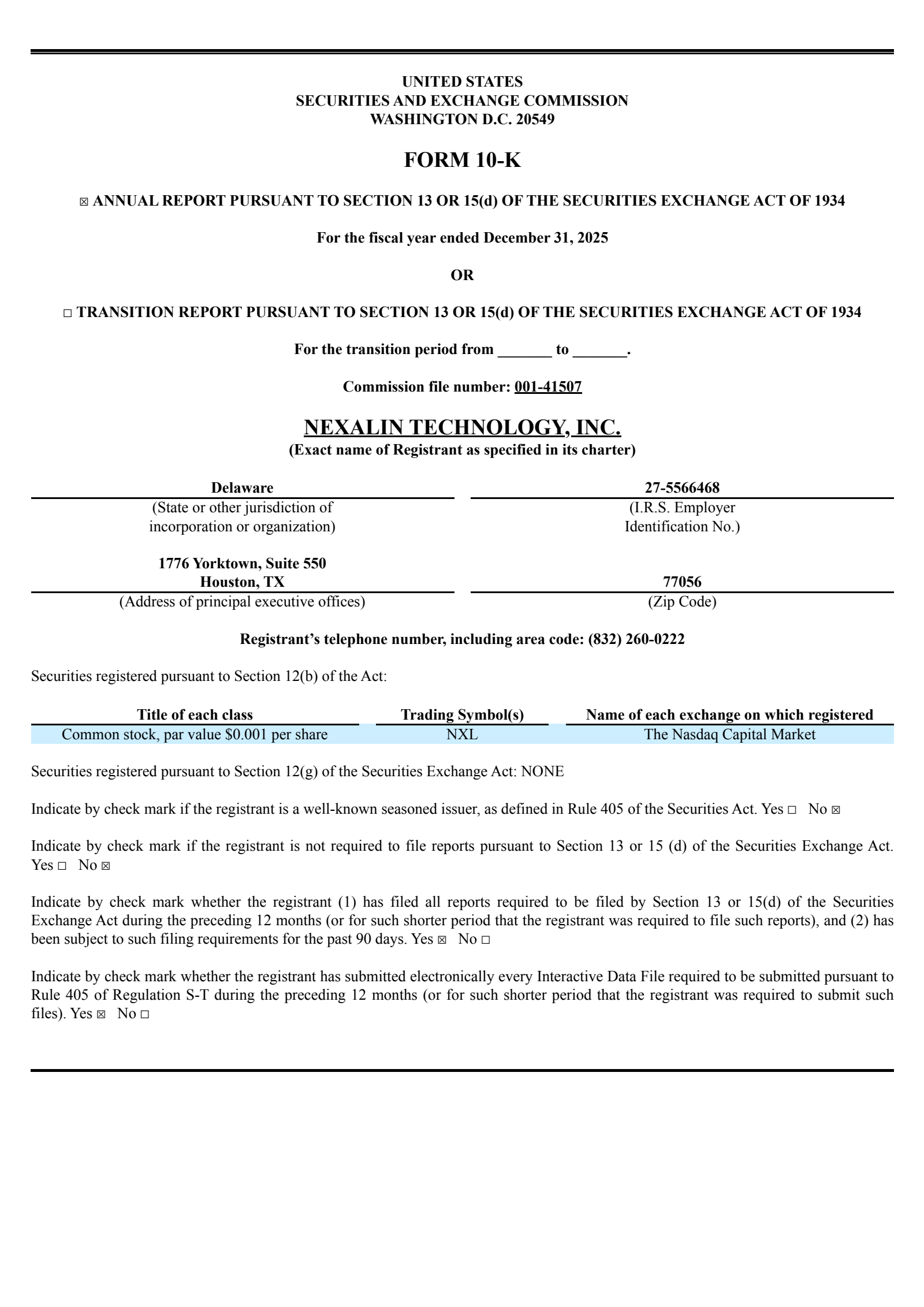 Nexalin Technology's Q4 2025 Annual report