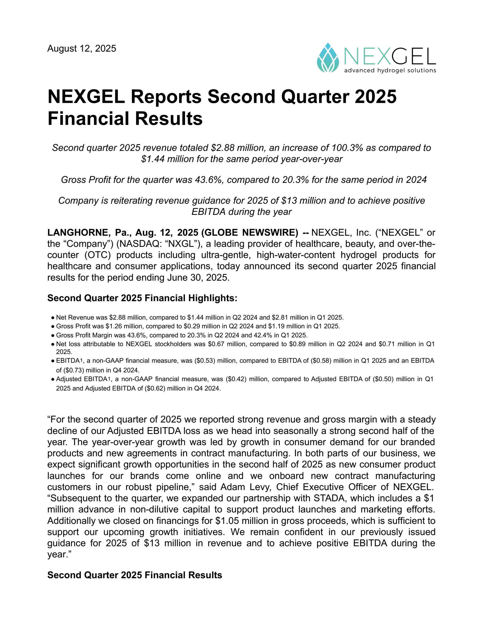 NexGel's Q2 2025 Press Release