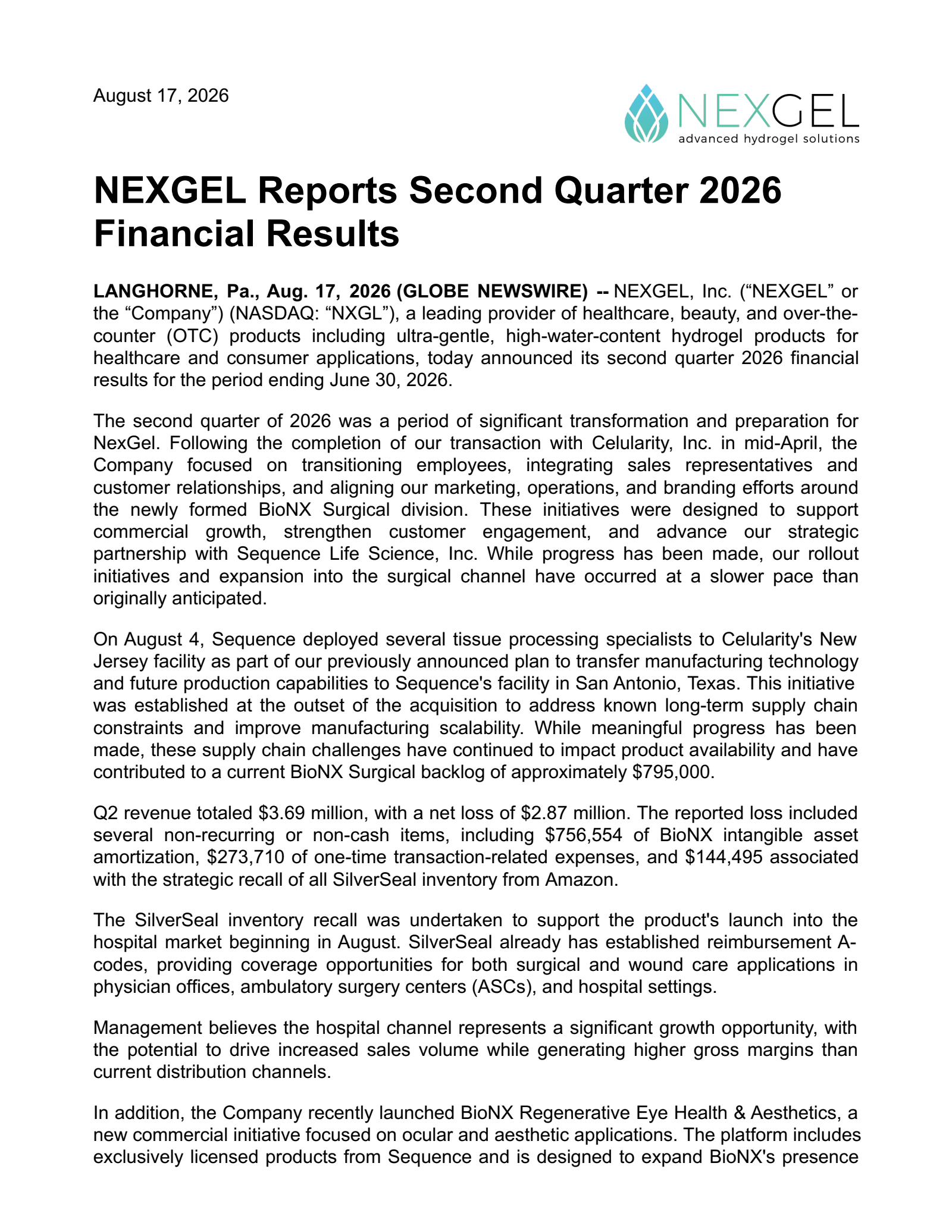 NexGel's Q2 2026 Press Release