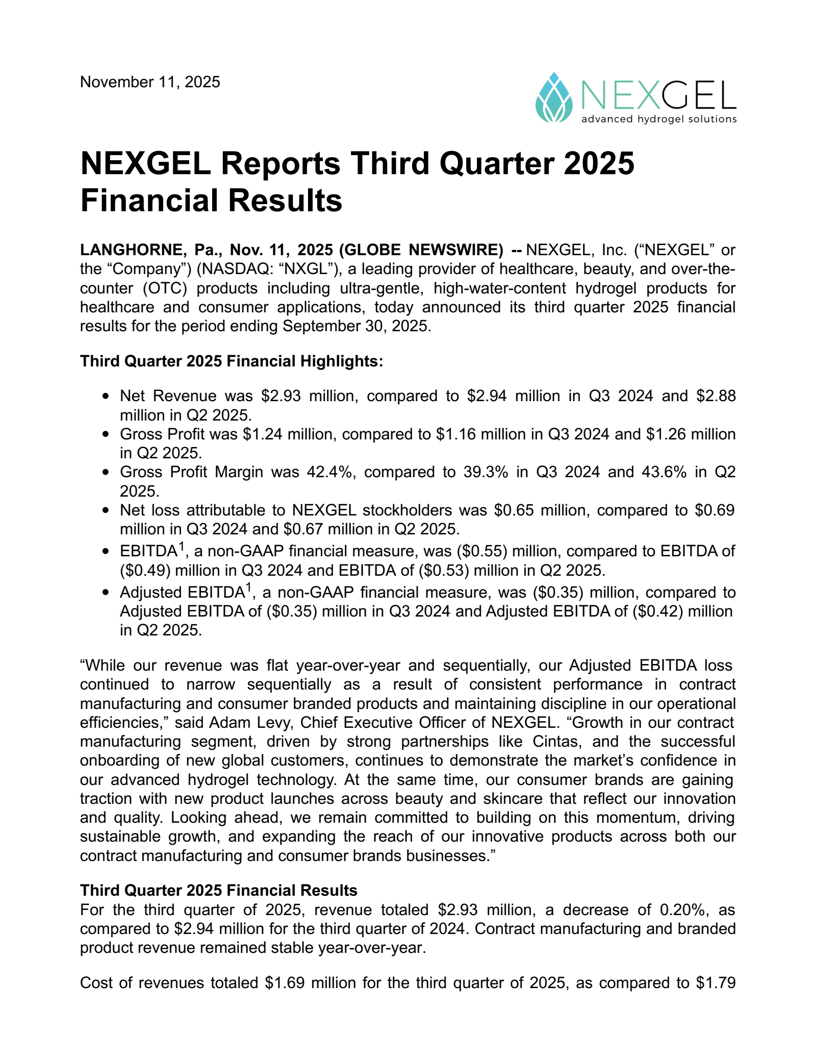 NexGel's Q3 2025 Earnings Release