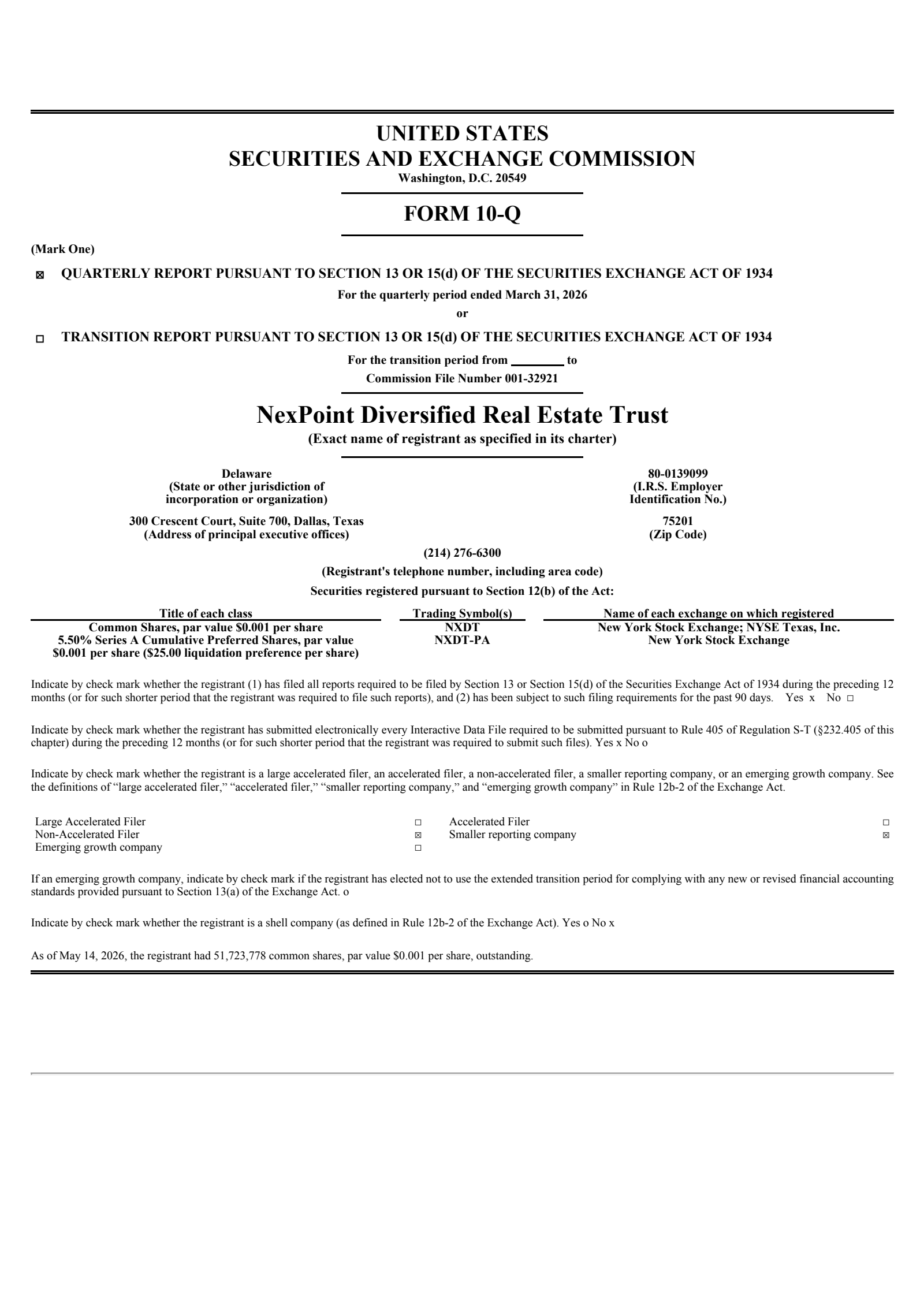 NexPoint Diversified Real Estate Trust's Q1 2026 Quarterly report