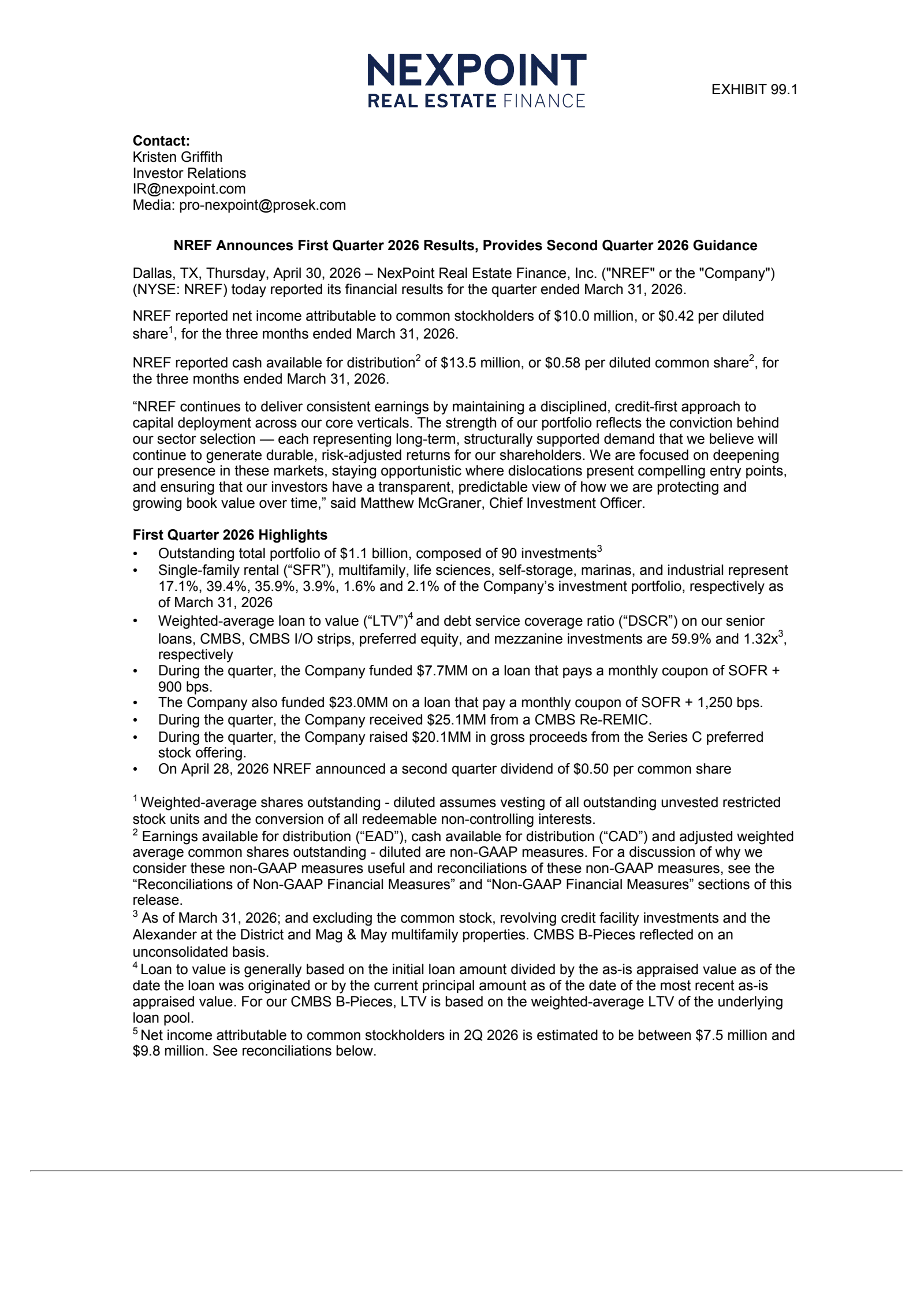 NexPoint Real Estate Finance's Q1 2026 Press Release
