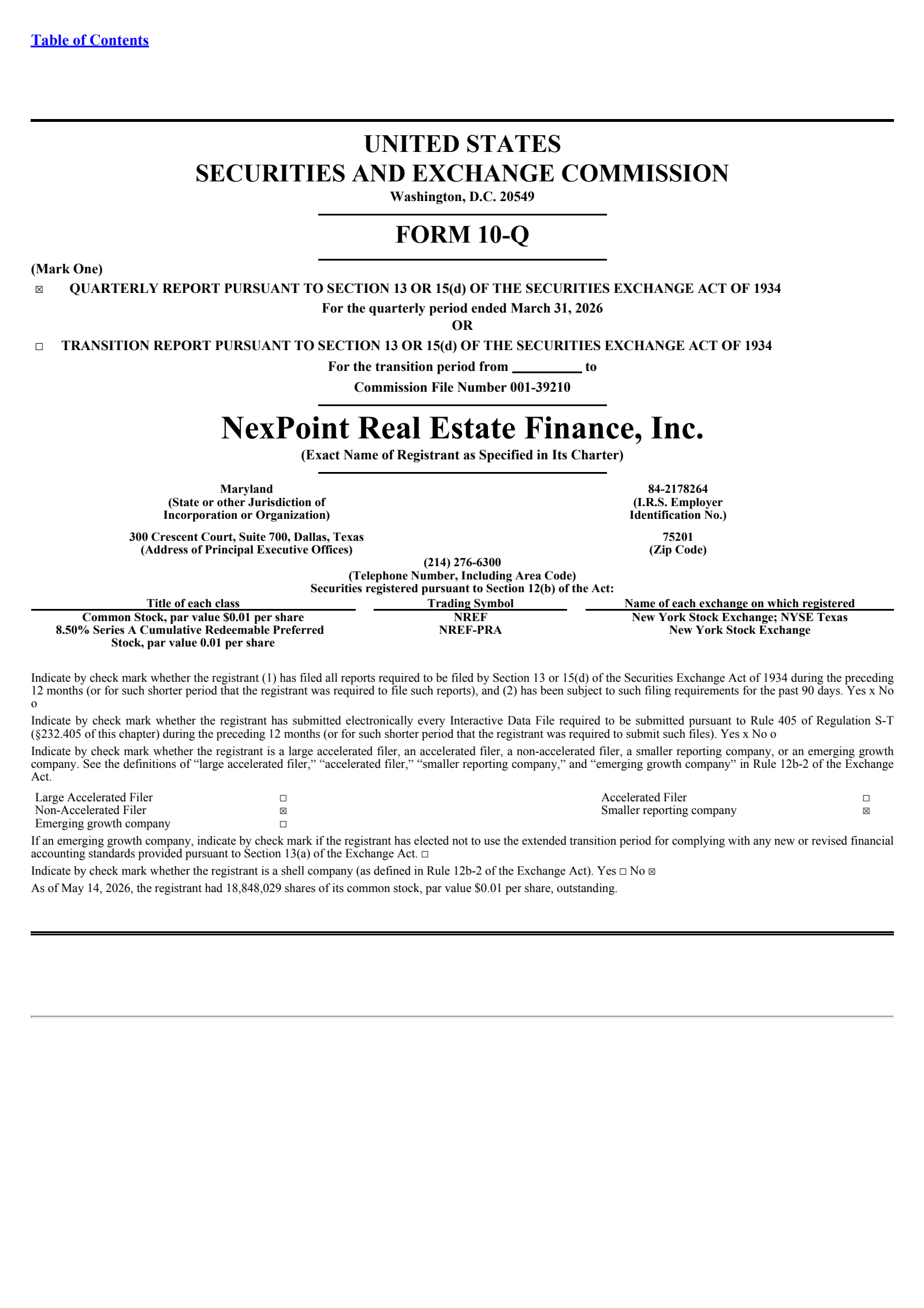 NexPoint Real Estate Finance's Q1 2026 Quarterly report