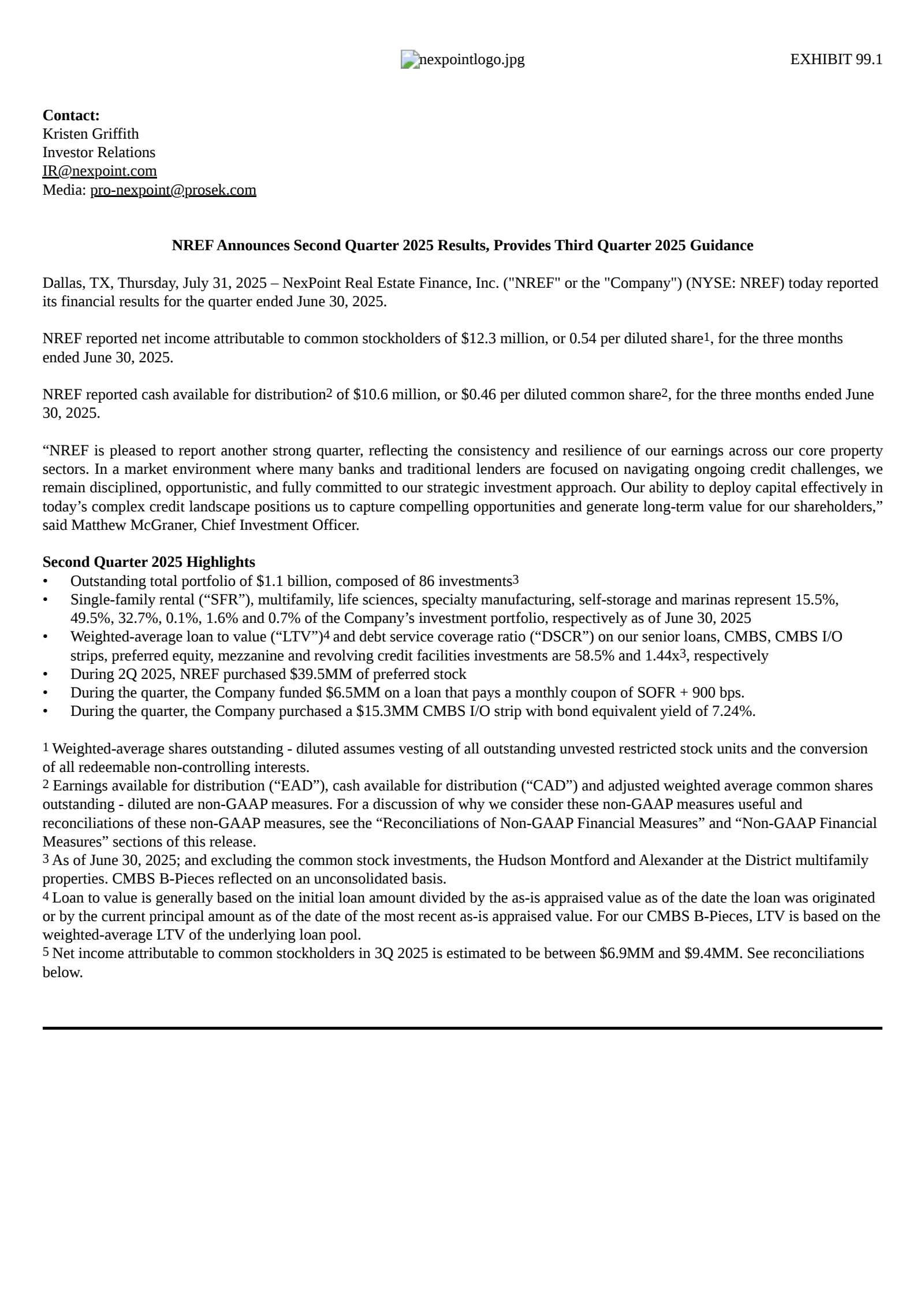 NexPoint Real Estate Finance's Q2 2025 Press Release