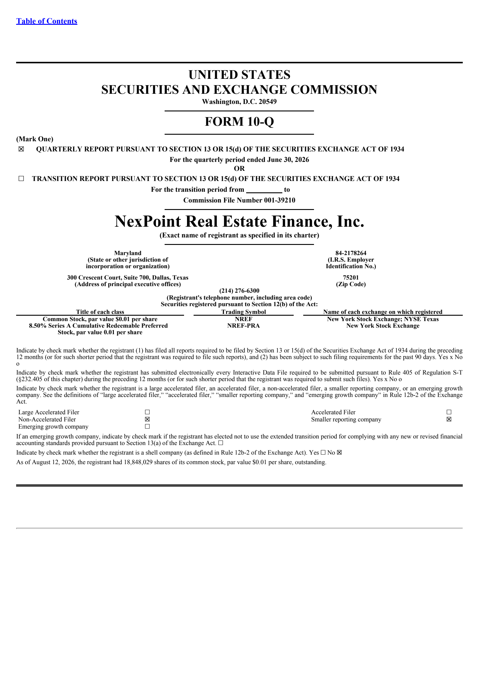 NexPoint Real Estate Finance's Q2 2026 Quarterly report