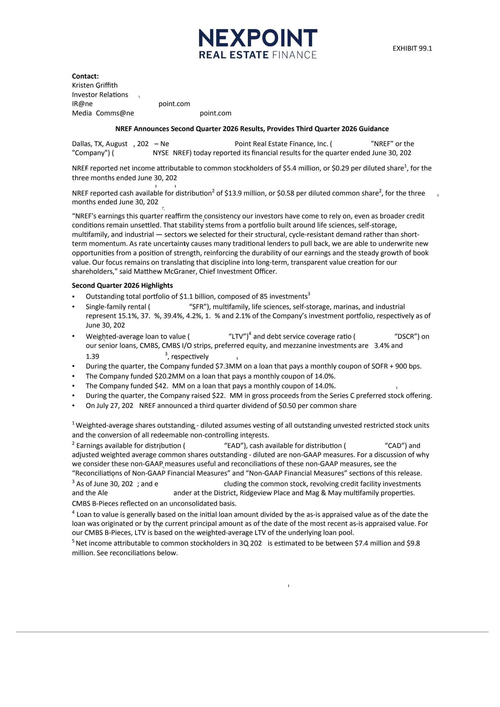 NexPoint Real Estate Finance's Q2 2026 Press Release