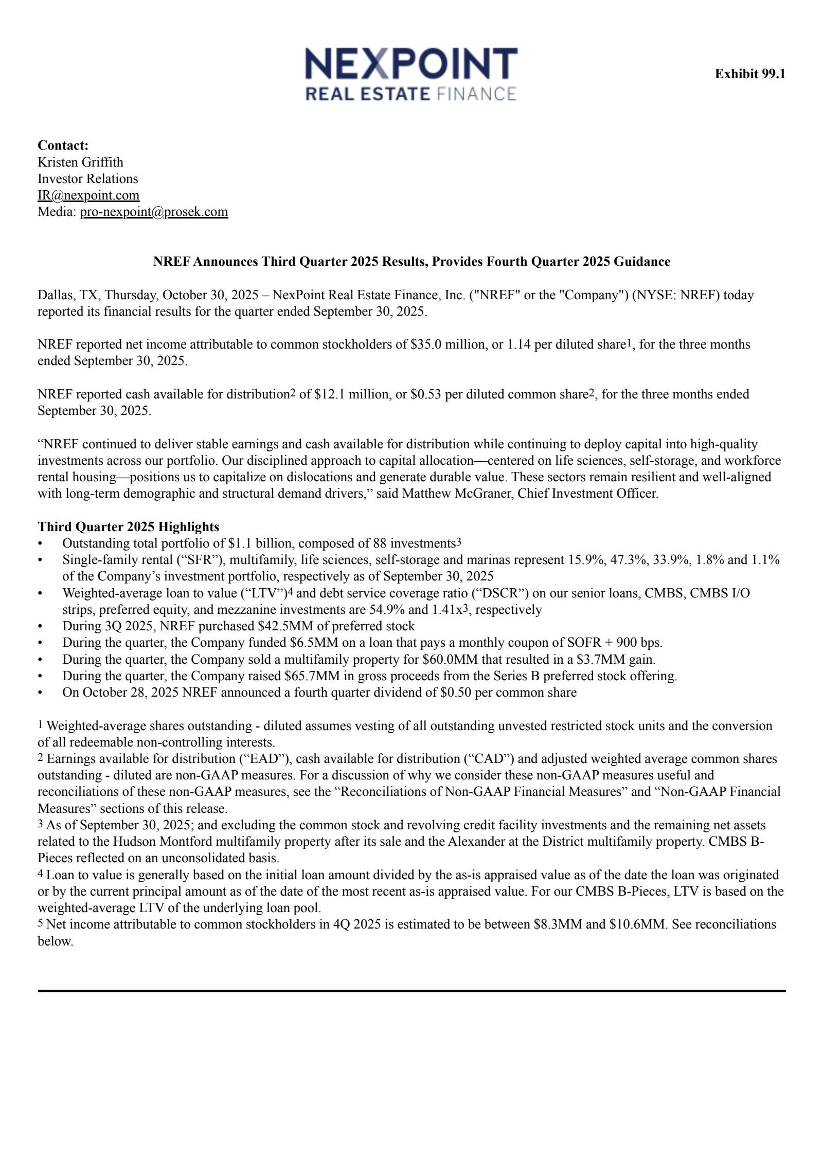 NexPoint Real Estate Finance's Q3 2025 Earnings Release