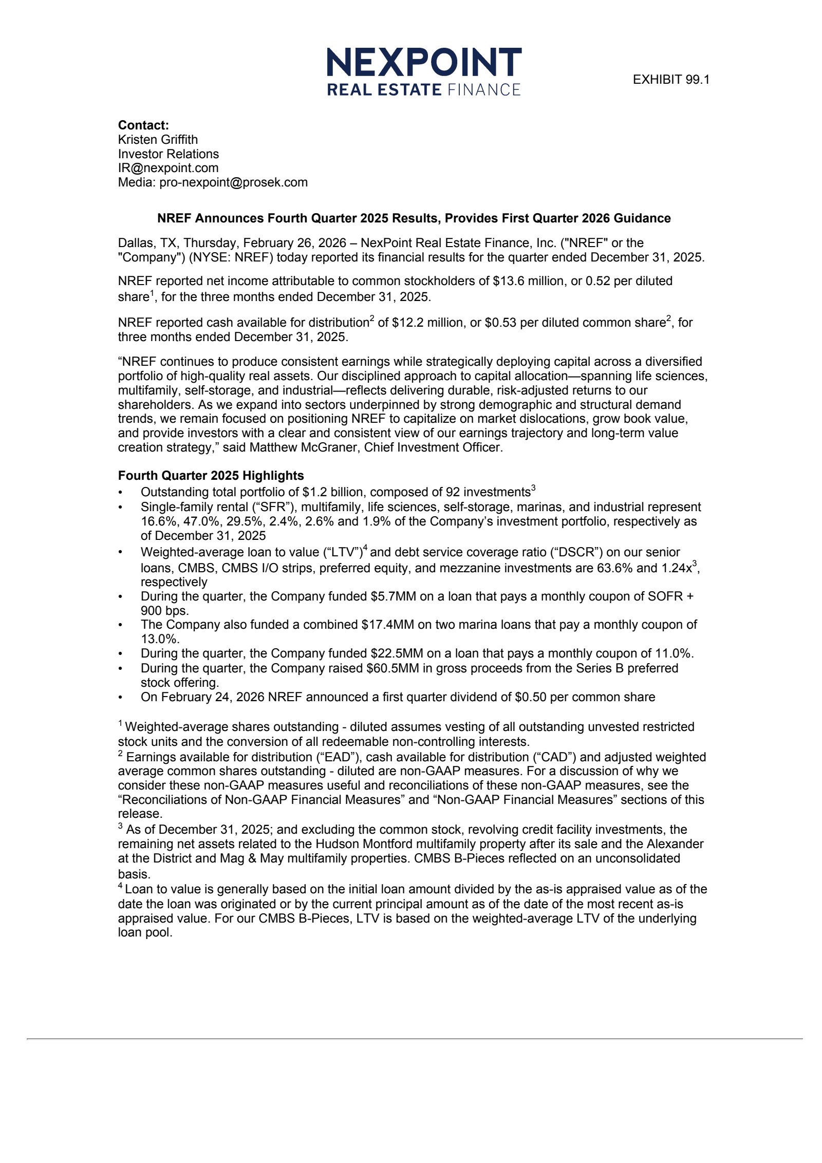 NexPoint Real Estate Finance's Q4 2025 Press Release