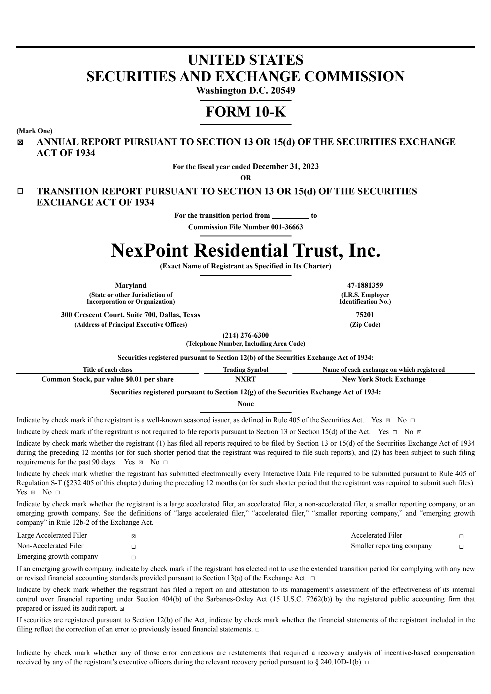 NexPoint Residential Trust's Q4 2023 Annual report