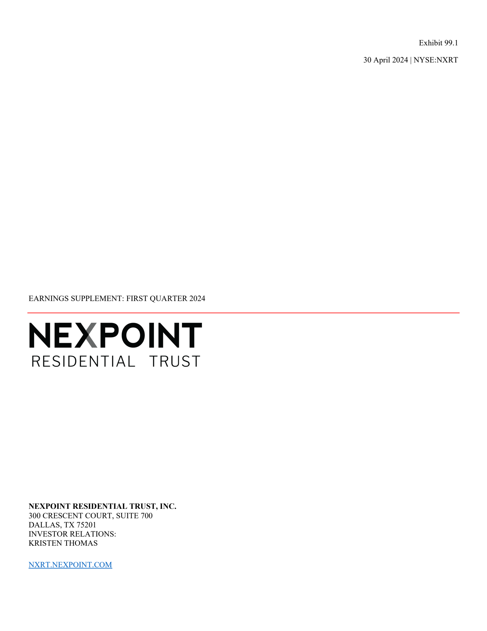NexPoint Residential Trust's Q1 2024 Press Release