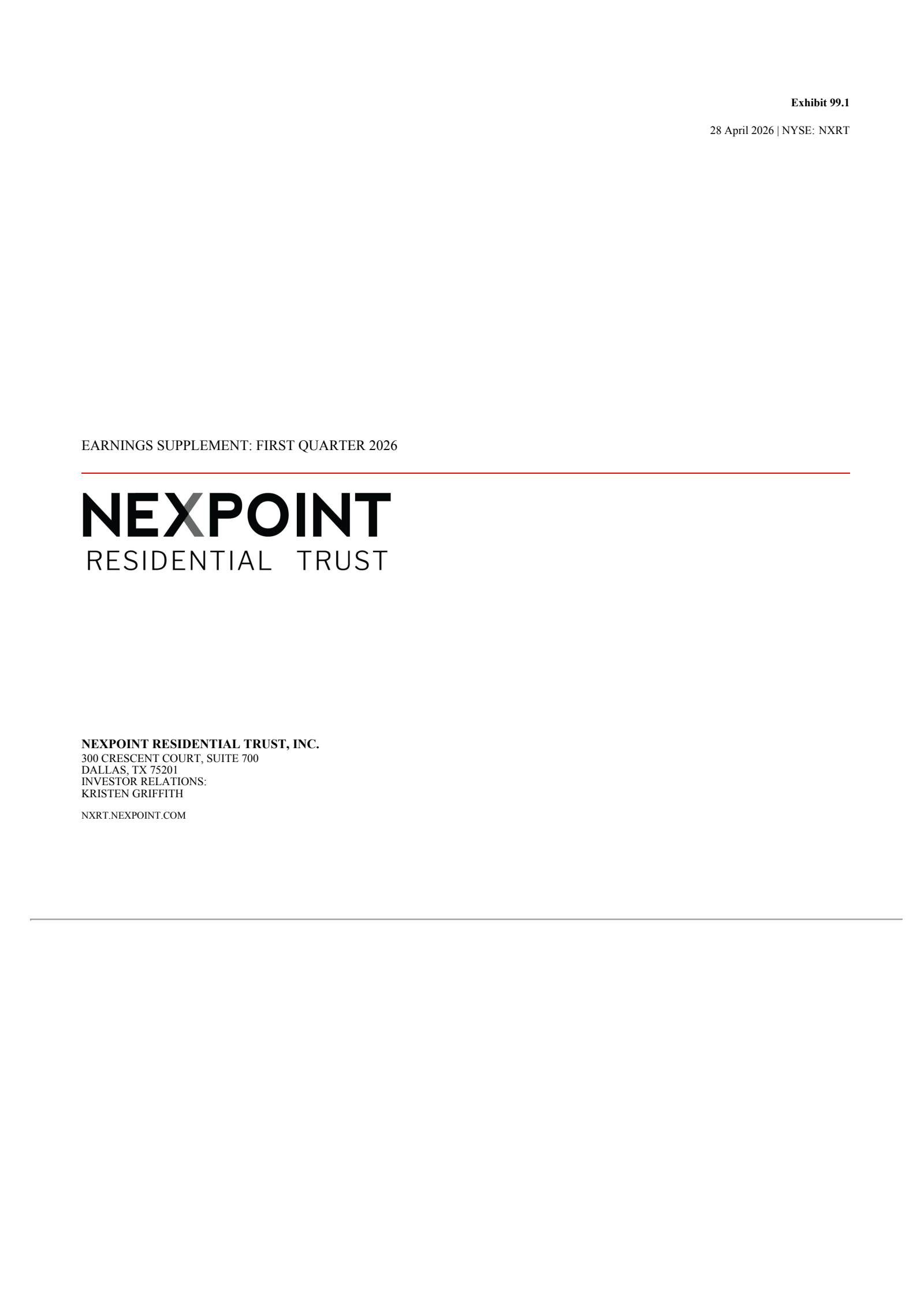 NexPoint Residential Trust's Q1 2026 Press Release