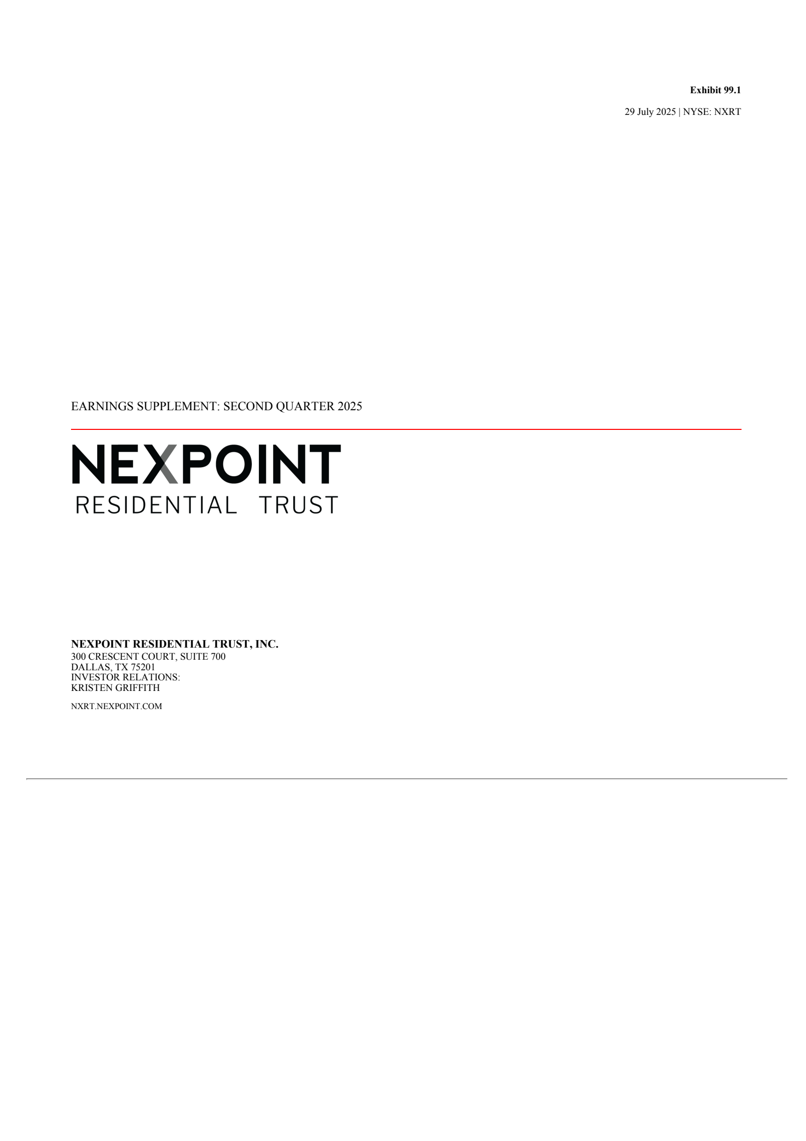 NexPoint Residential Trust's Q2 2025 Press Release