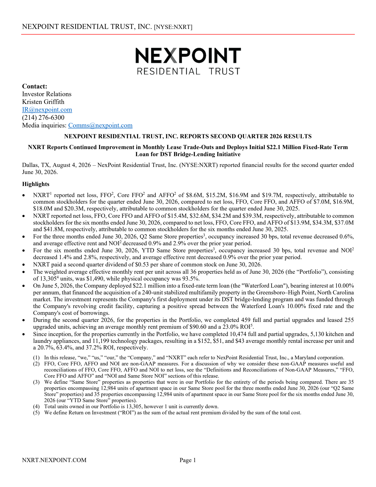 NexPoint Residential Trust's Q2 2026 Press Release