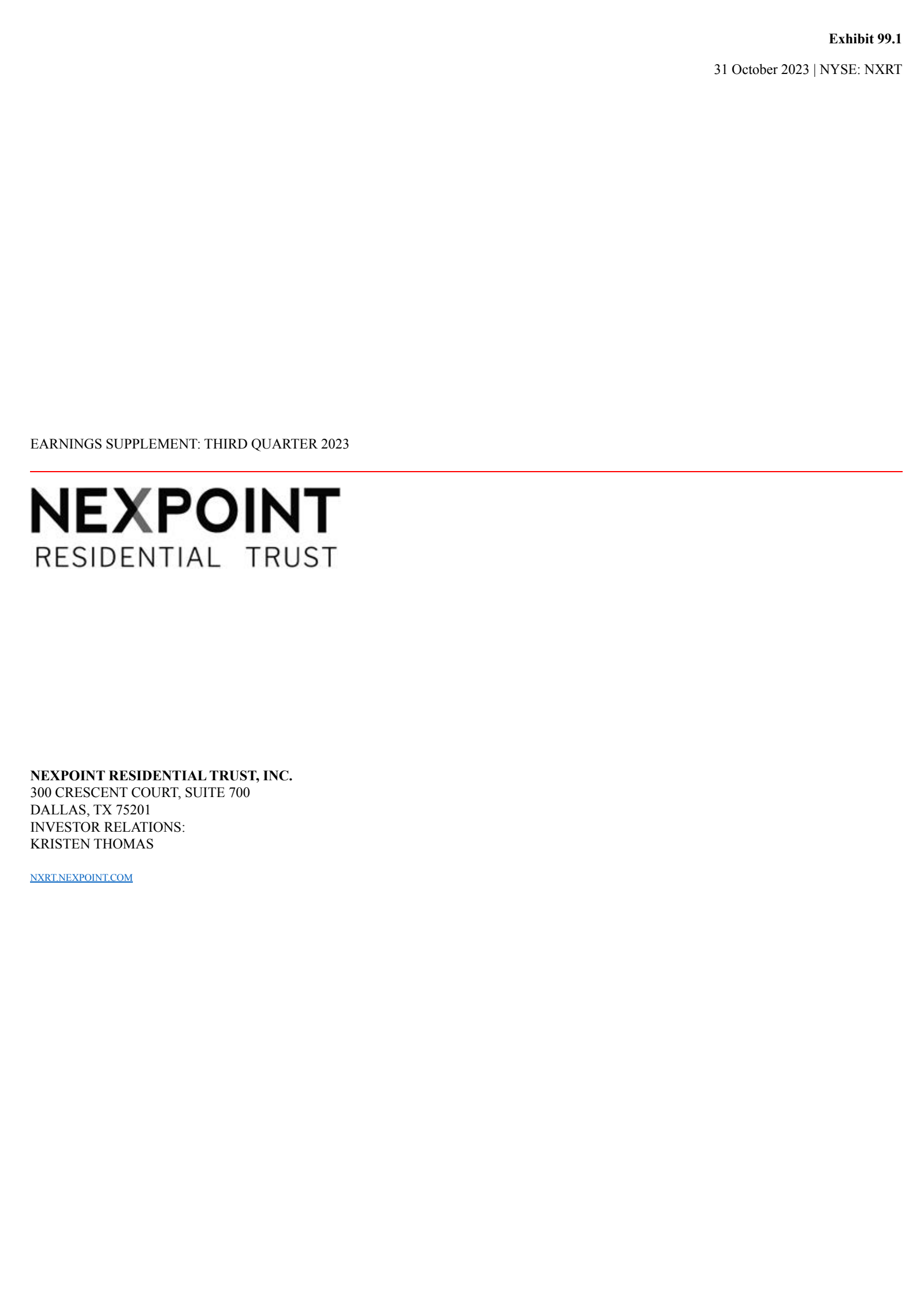NexPoint Residential Trust's Q3 2023 Press Release