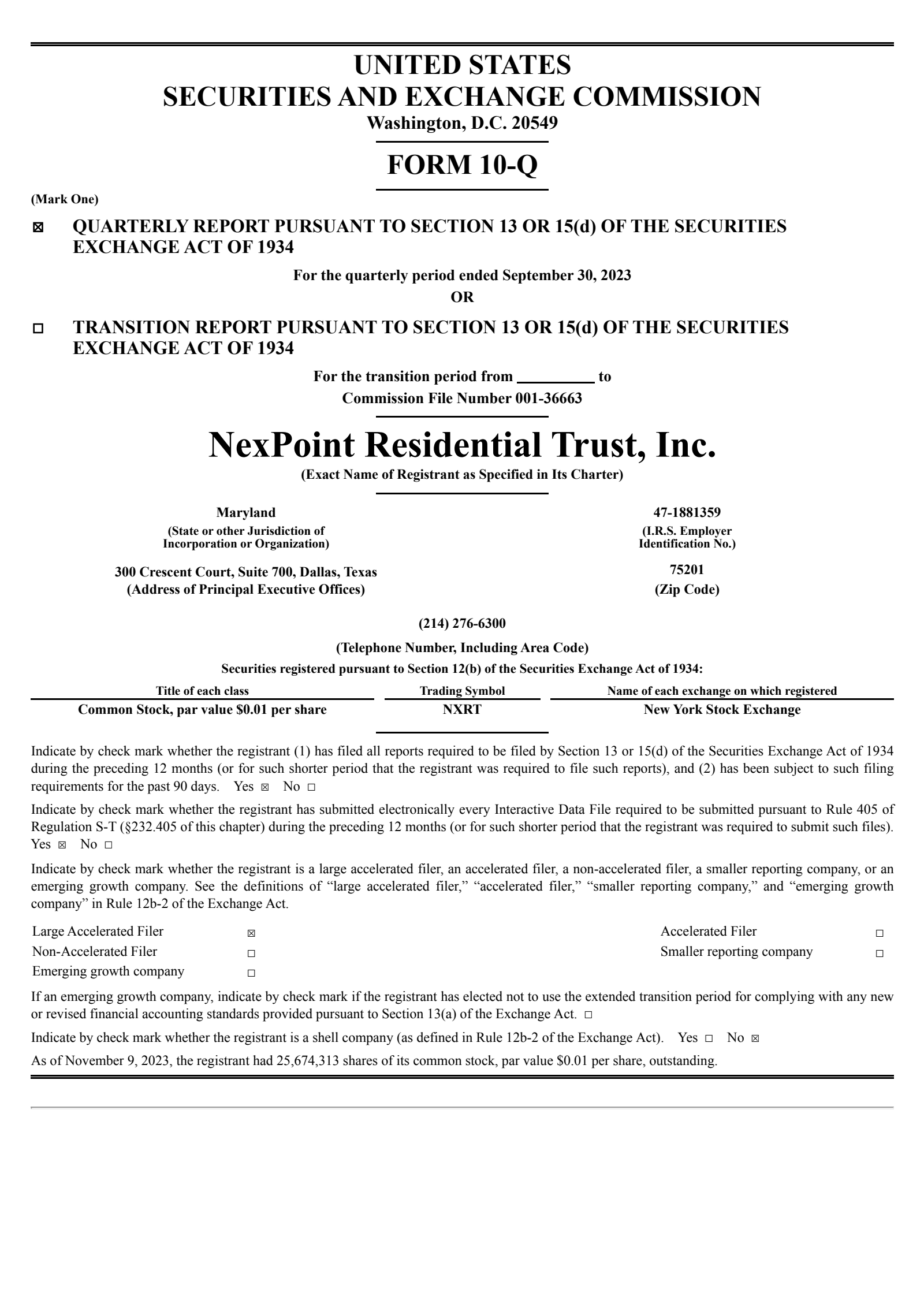 NexPoint Residential Trust's Q3 2023 Quarterly report