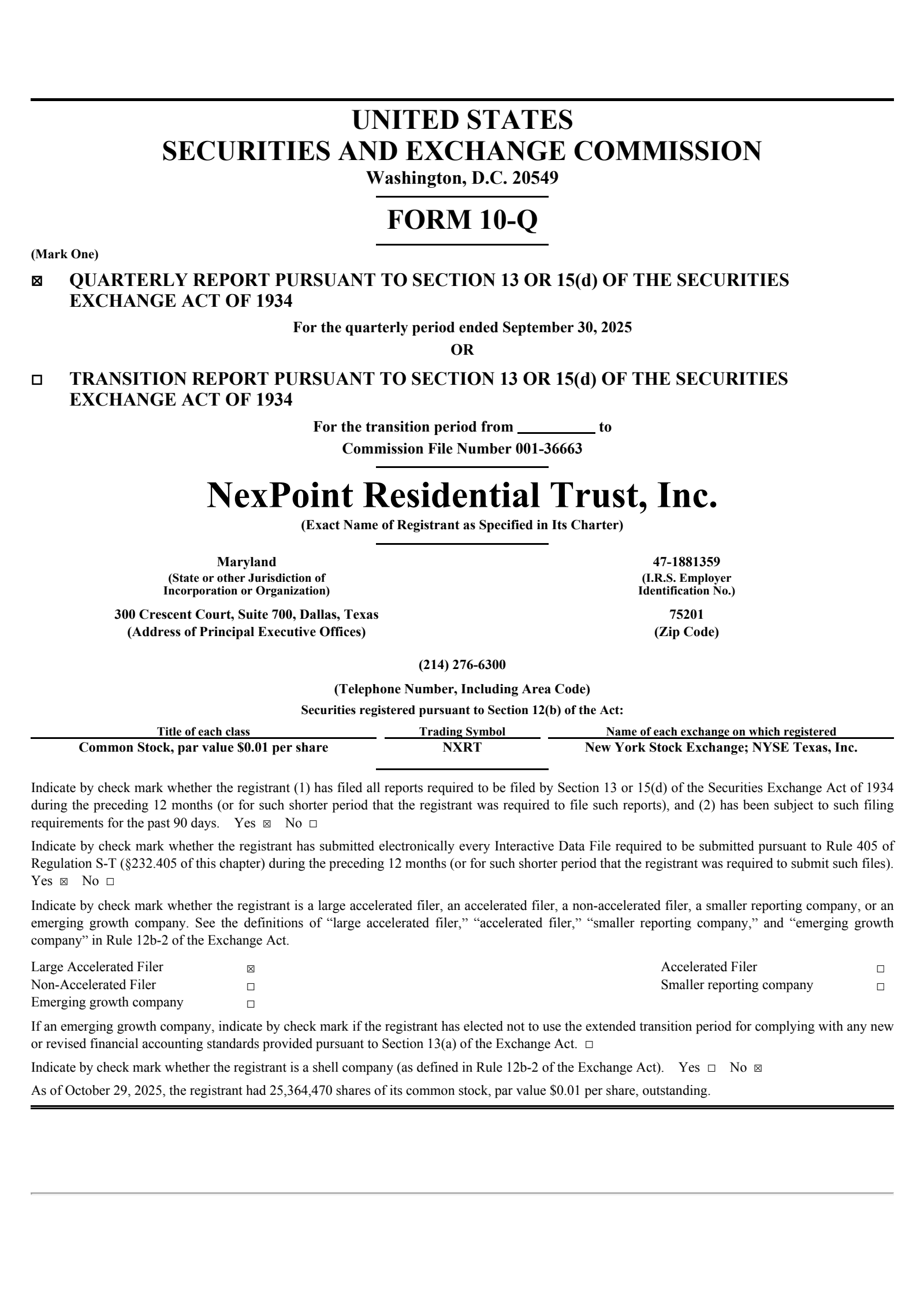 NexPoint Residential Trust's Q3 2025 Quarterly Report