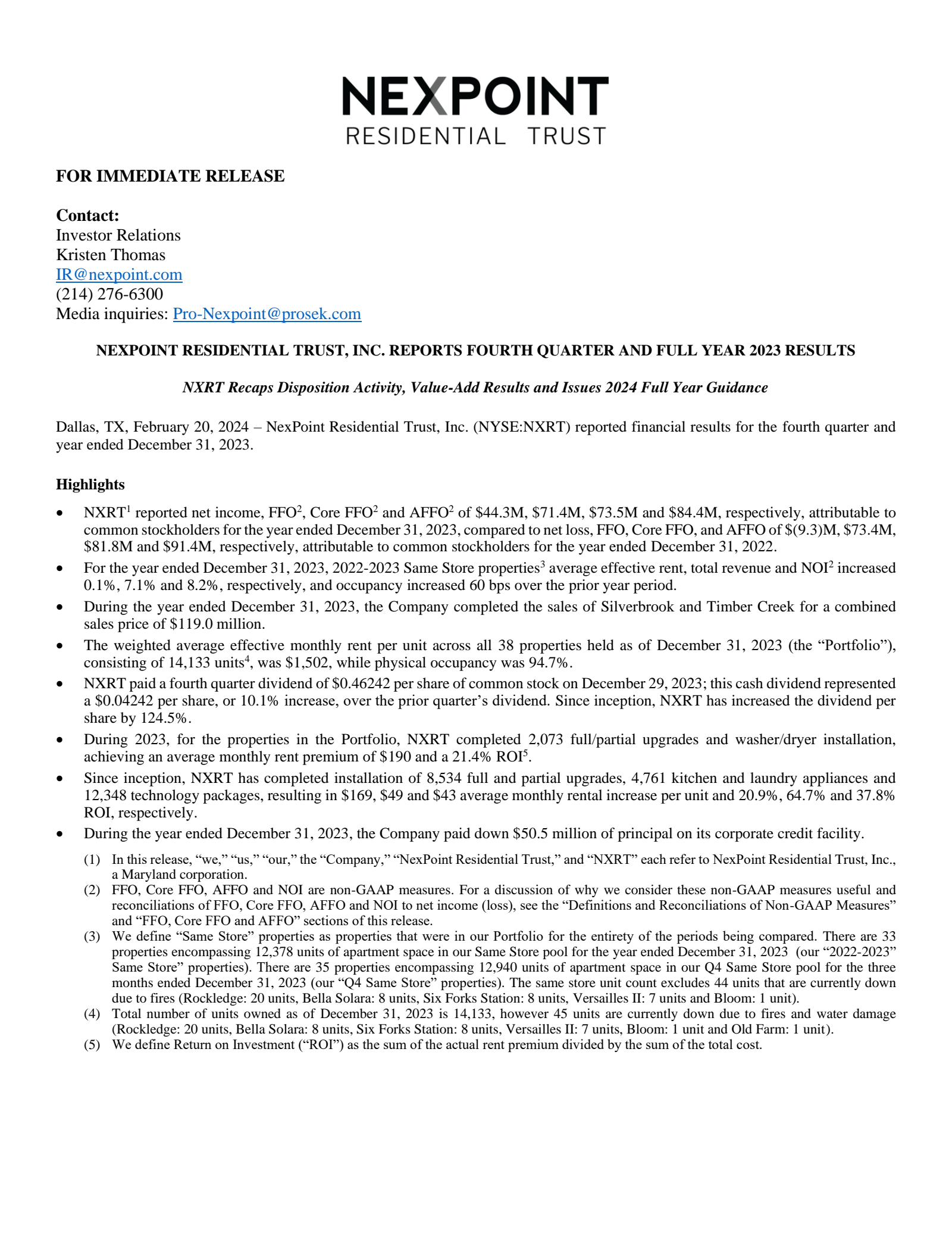 NexPoint Residential Trust's Q4 2023 Press Release