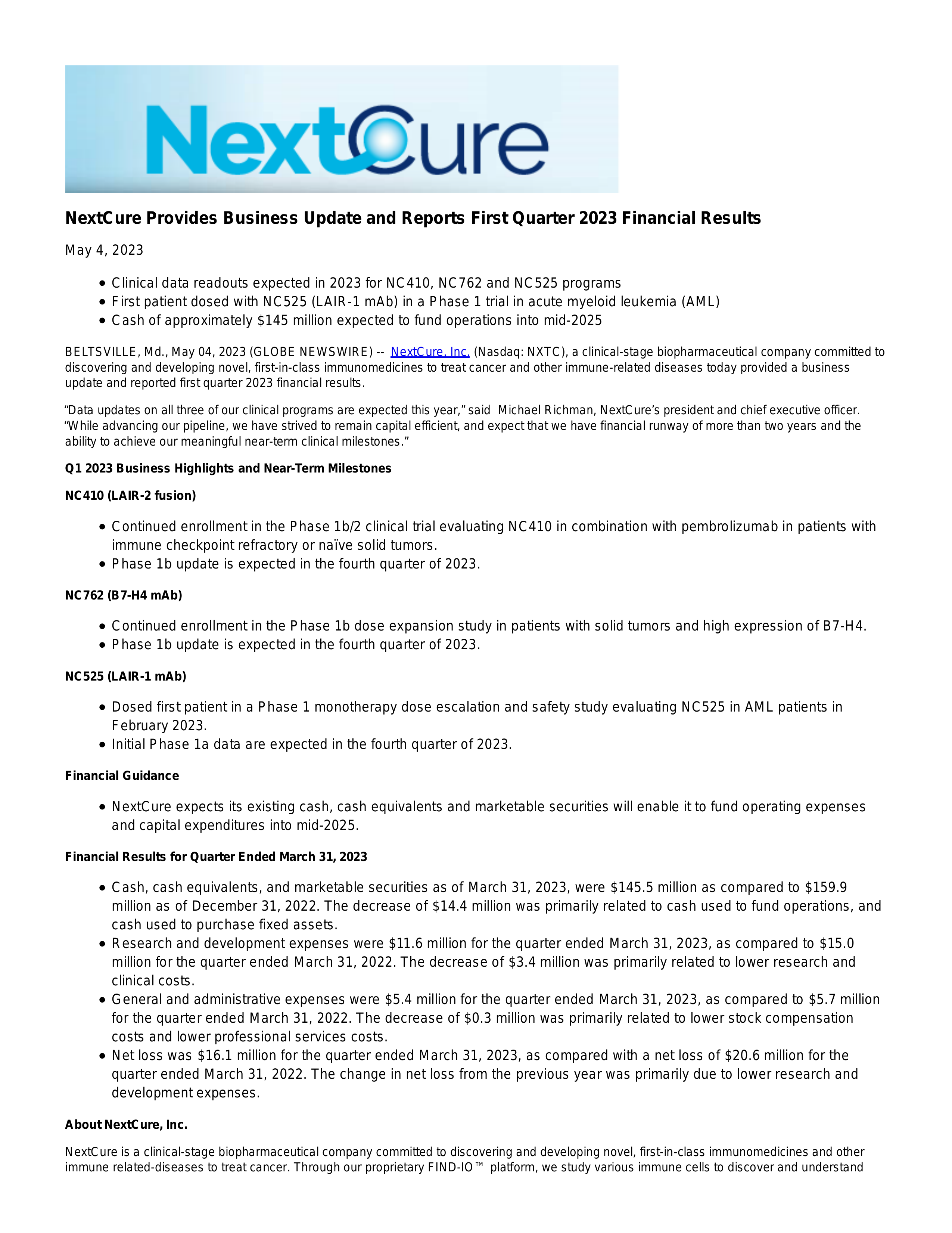 NextCure's Q1 2023 Press Release