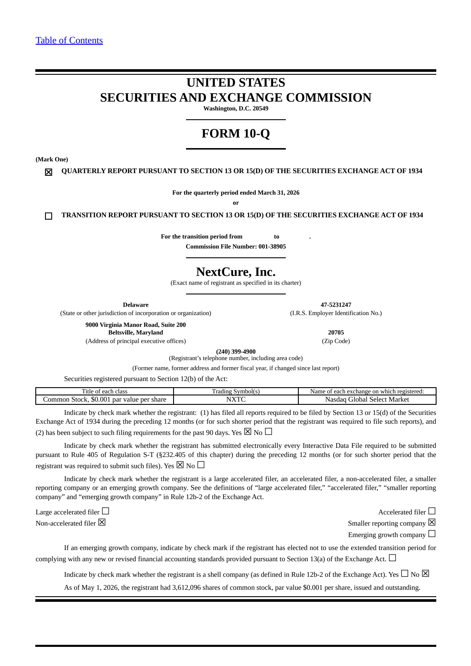NextCure's Q1 2026 Quarterly report