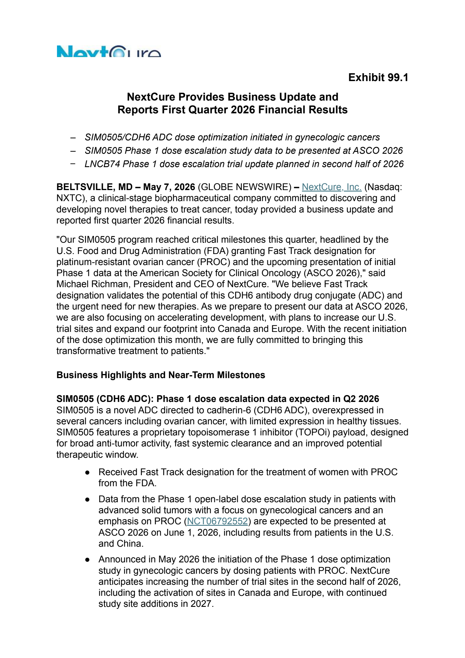 NextCure's Q1 2026 Press Release