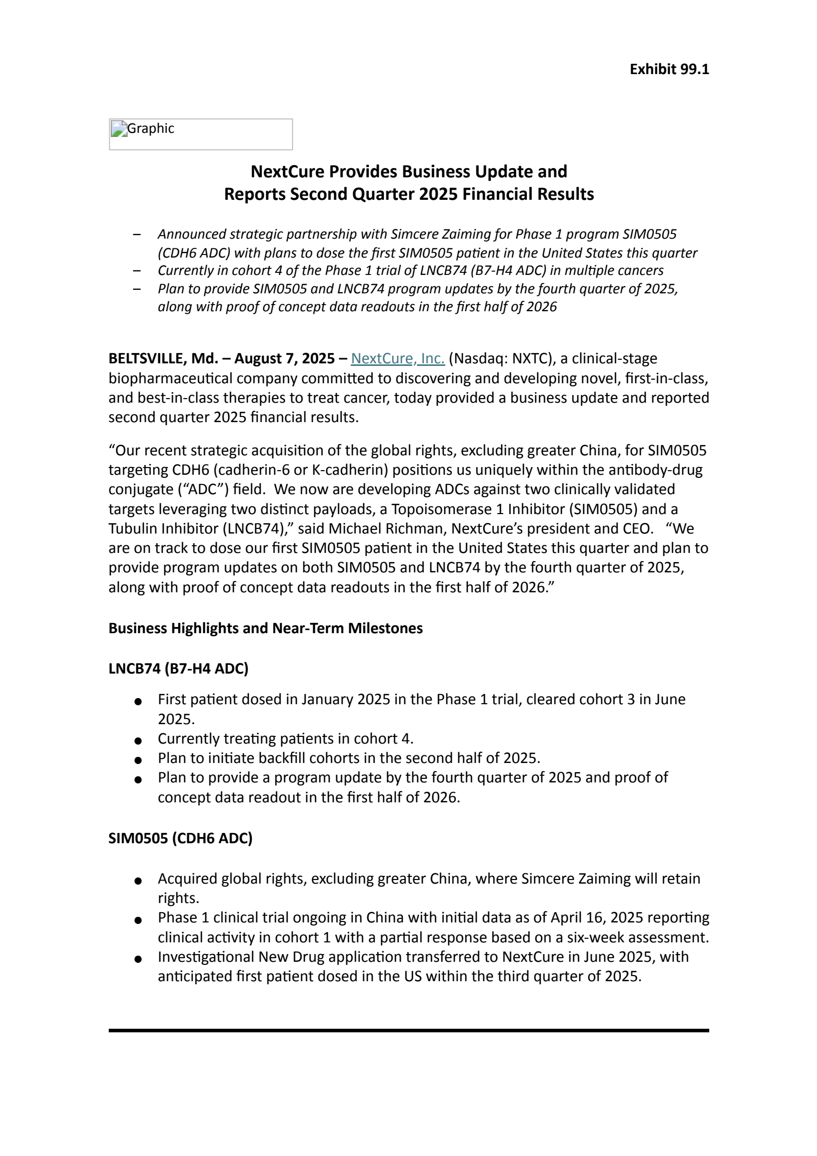 NextCure's Q2 2025 Press Release