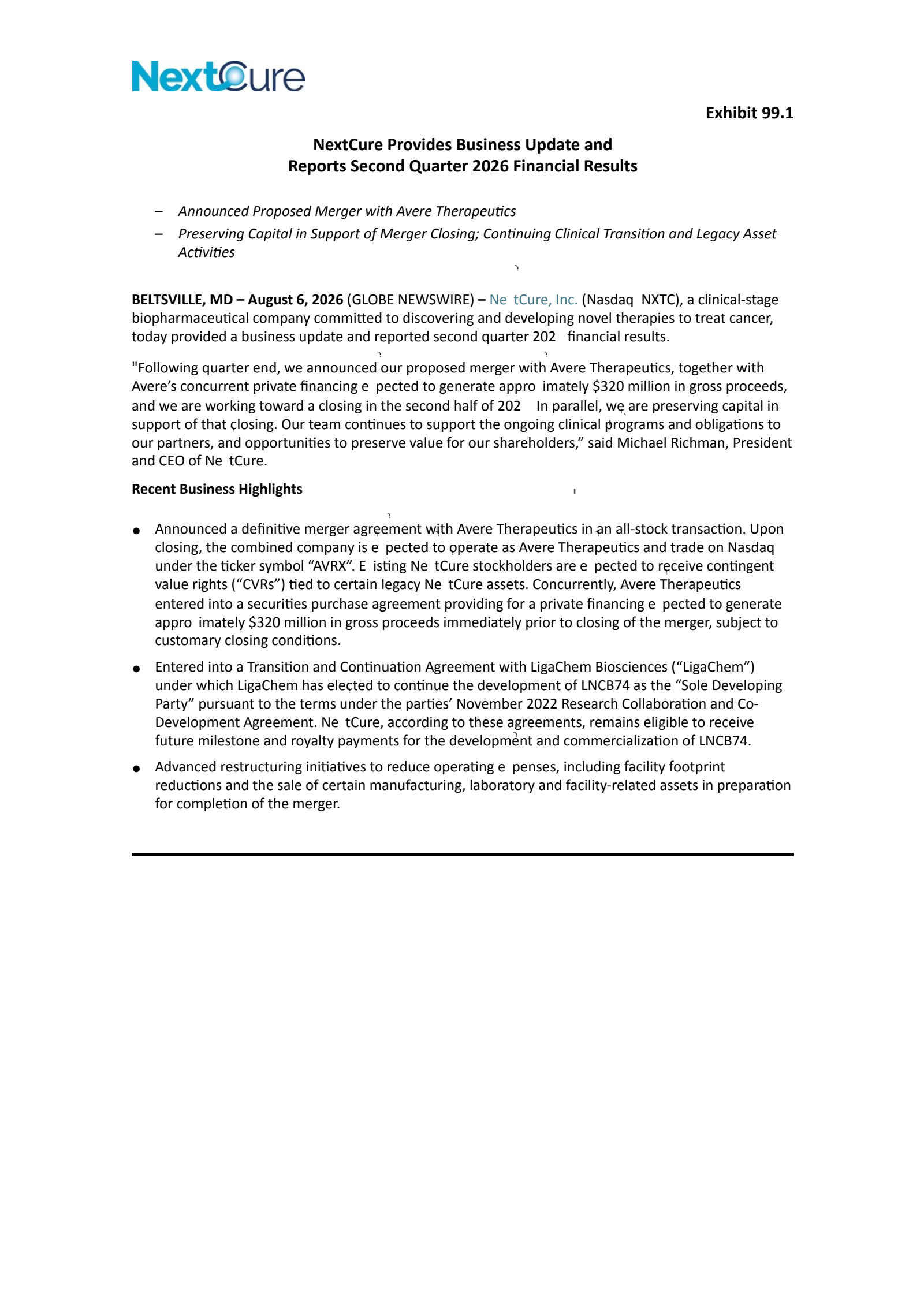 NextCure's Q2 2026 Press Release