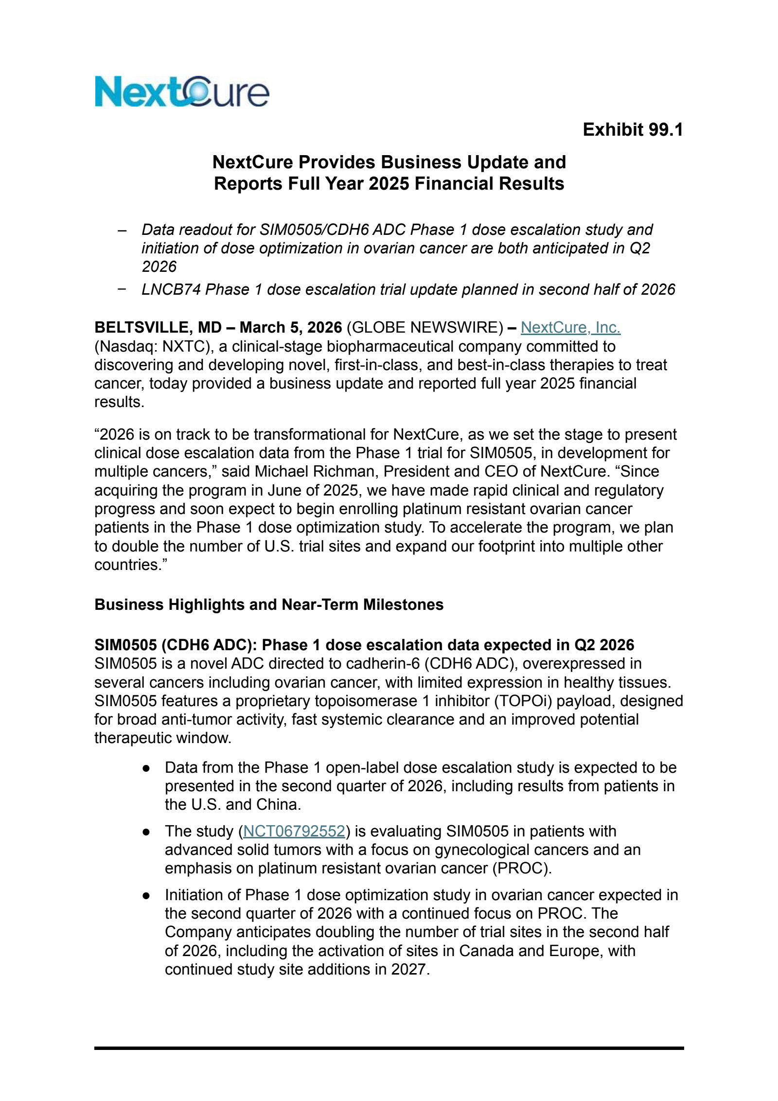 NextCure's Q4 2025 Press Release