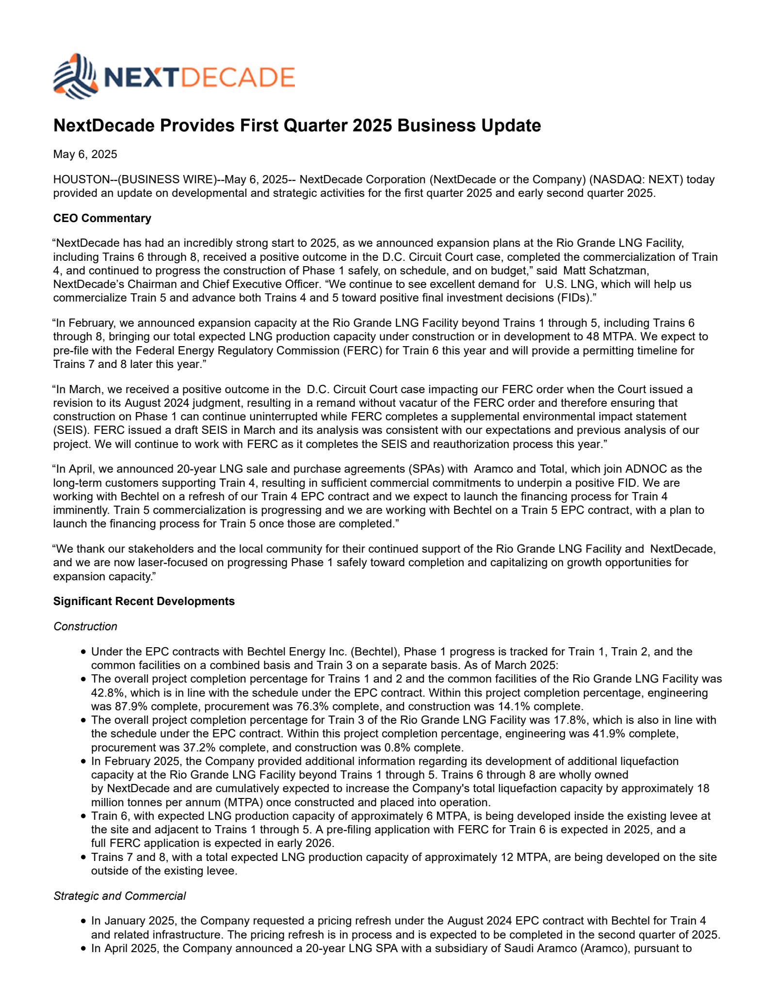 NextDecade's Q1 2025 Press Release