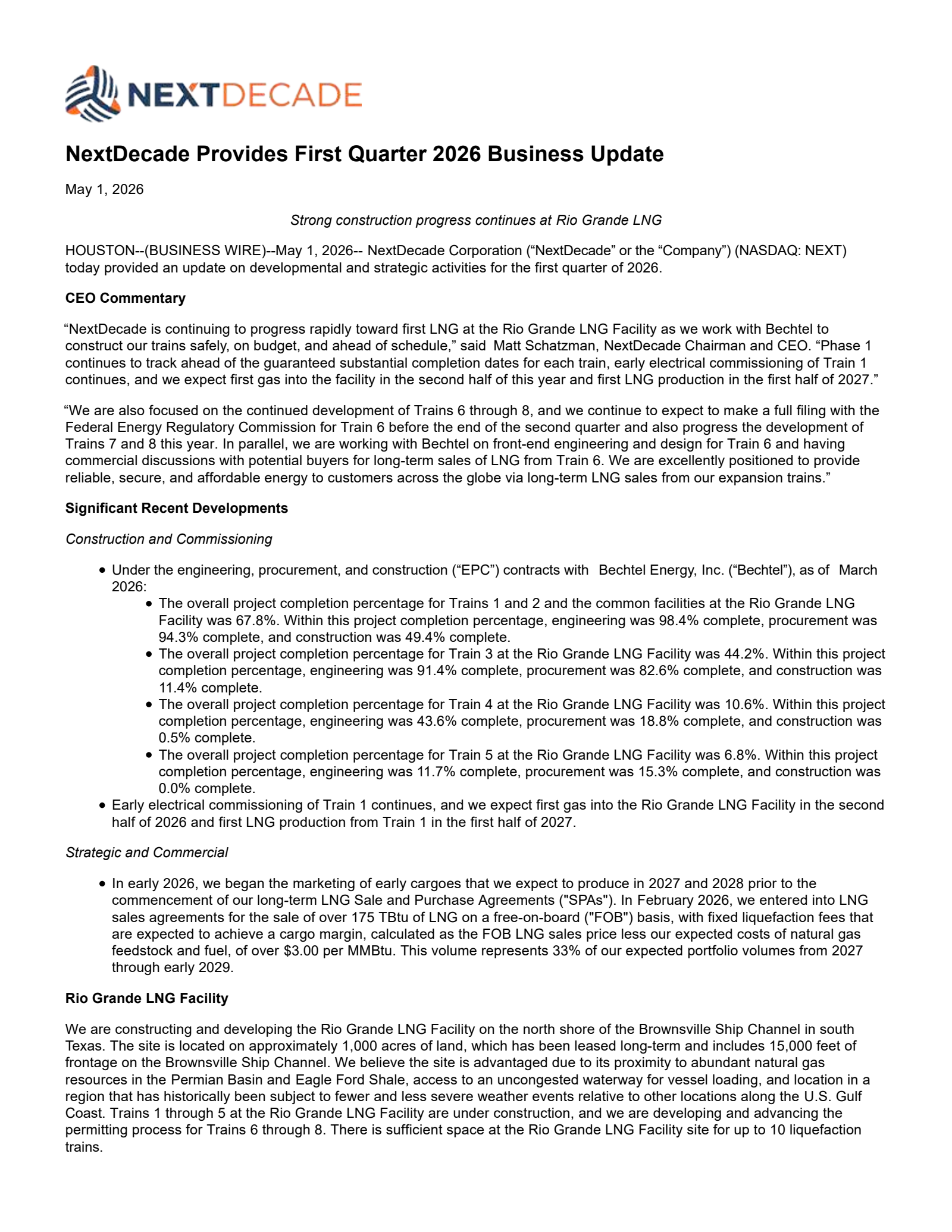 NextDecade's Q1 2026 Press Release
