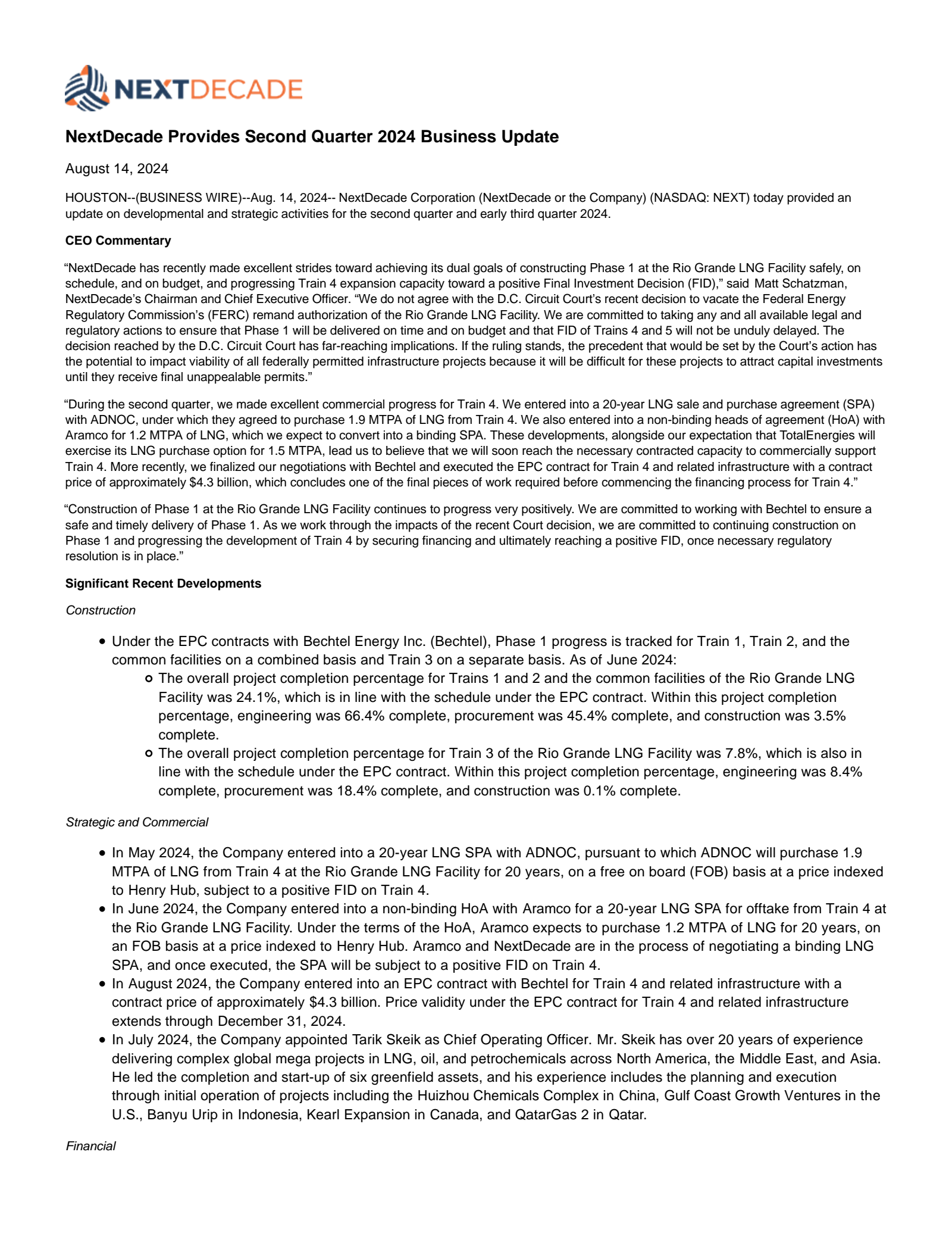 NextDecade's Q2 2024 Press Release
