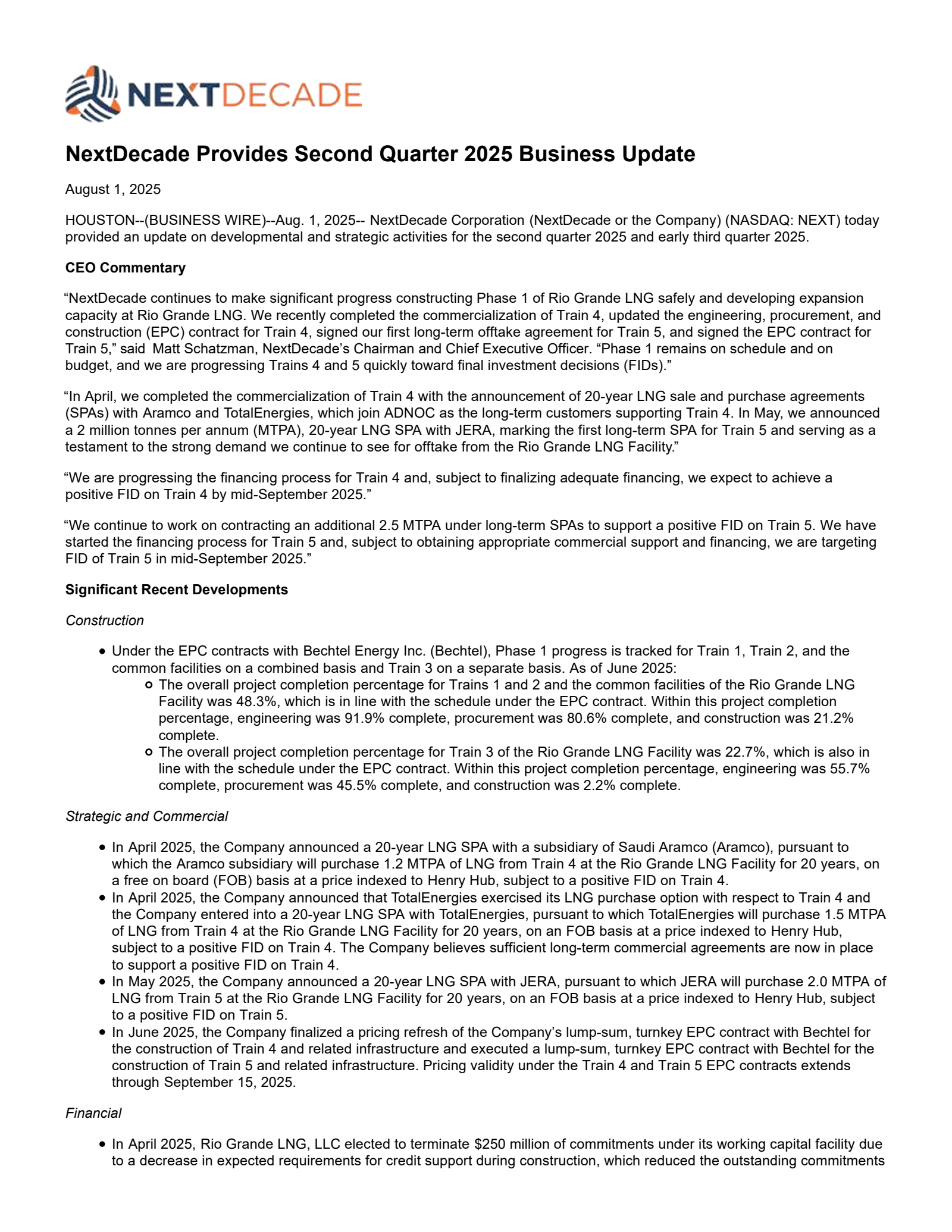 NextDecade's Q2 2025 Press Release