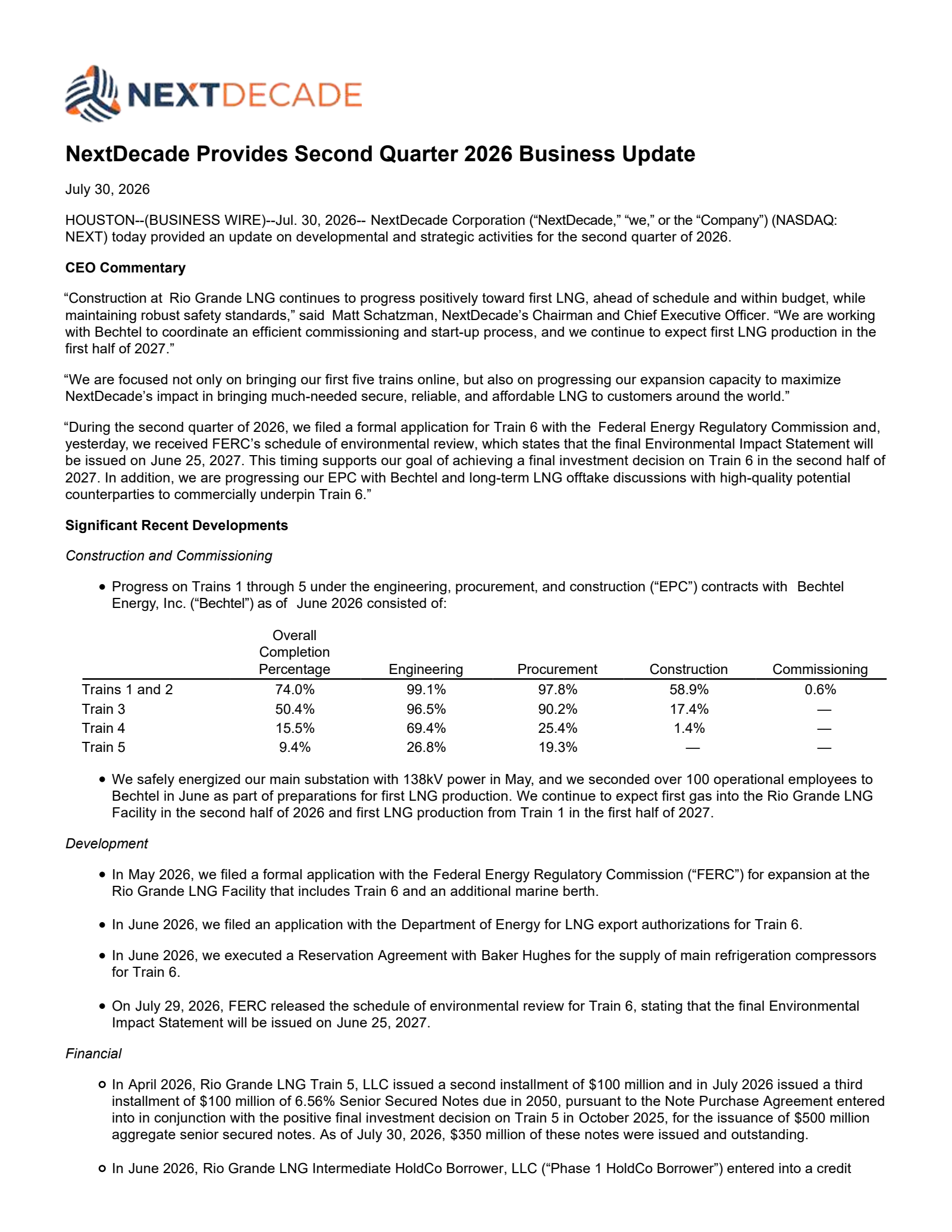 NextDecade's Q2 2026 Press Release