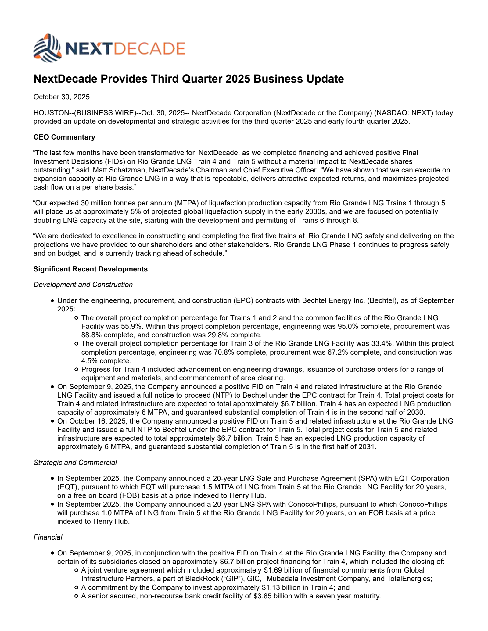 NextDecade's Q3 2025 Earnings Release