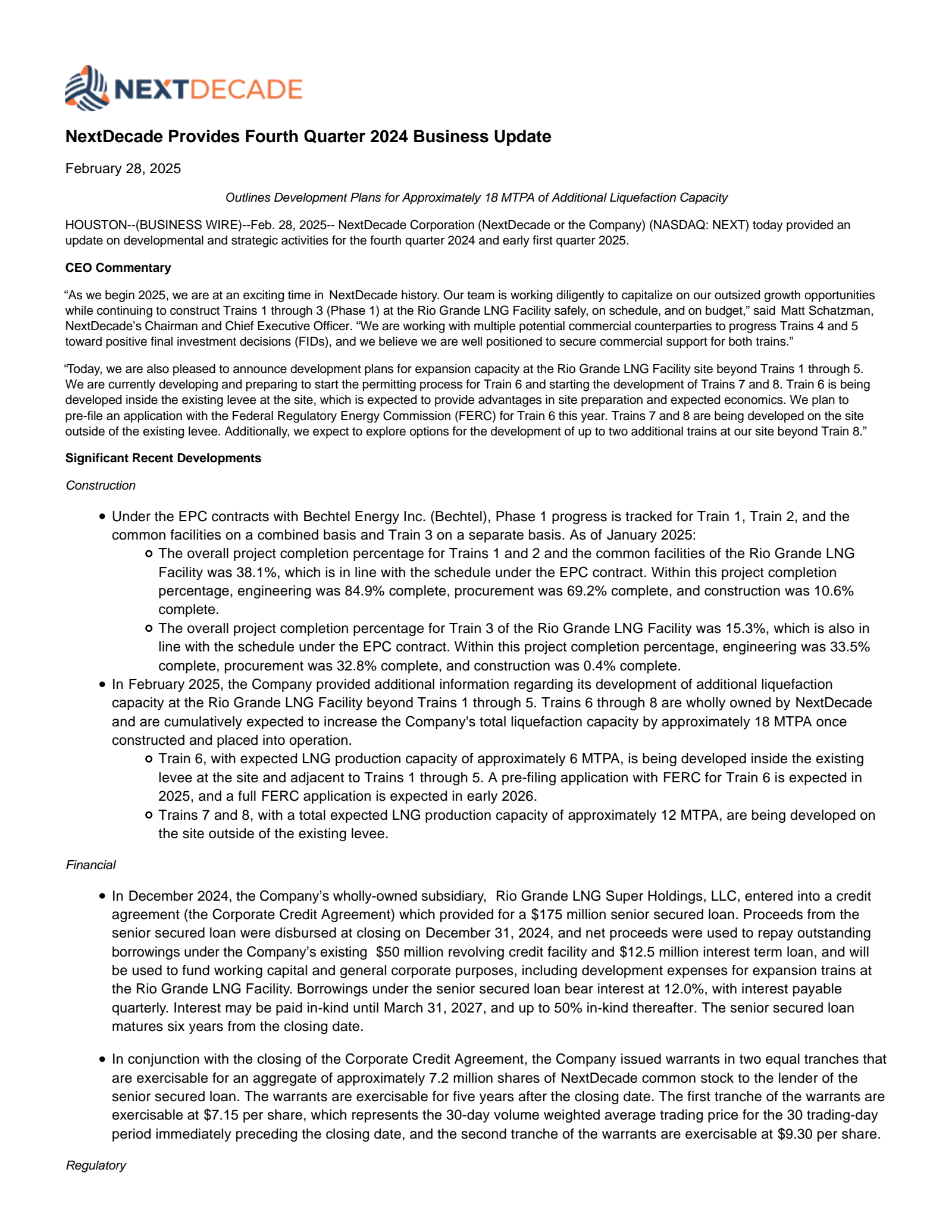 NextDecade's Q4 2024 Press Release