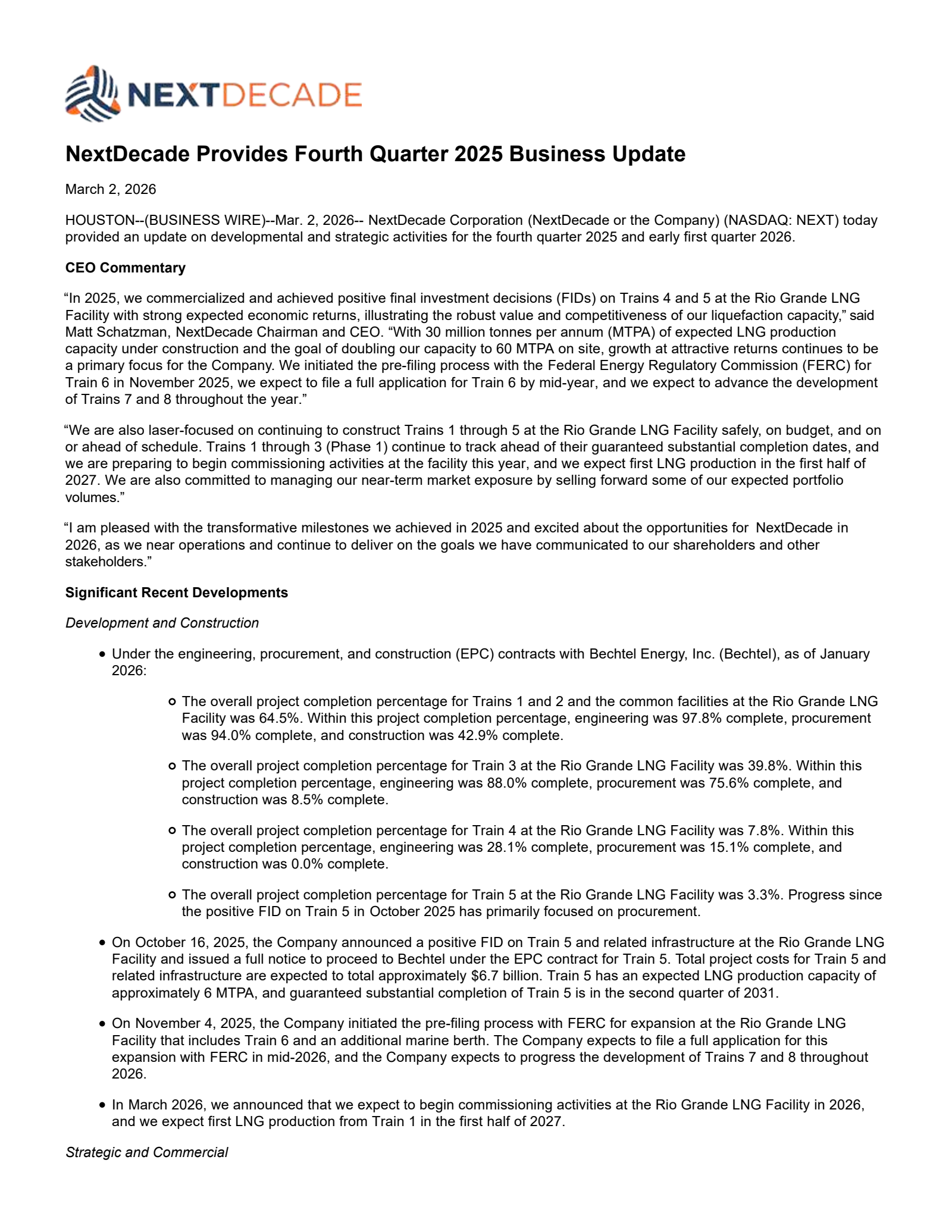 NextDecade's Q4 2025 Press Release
