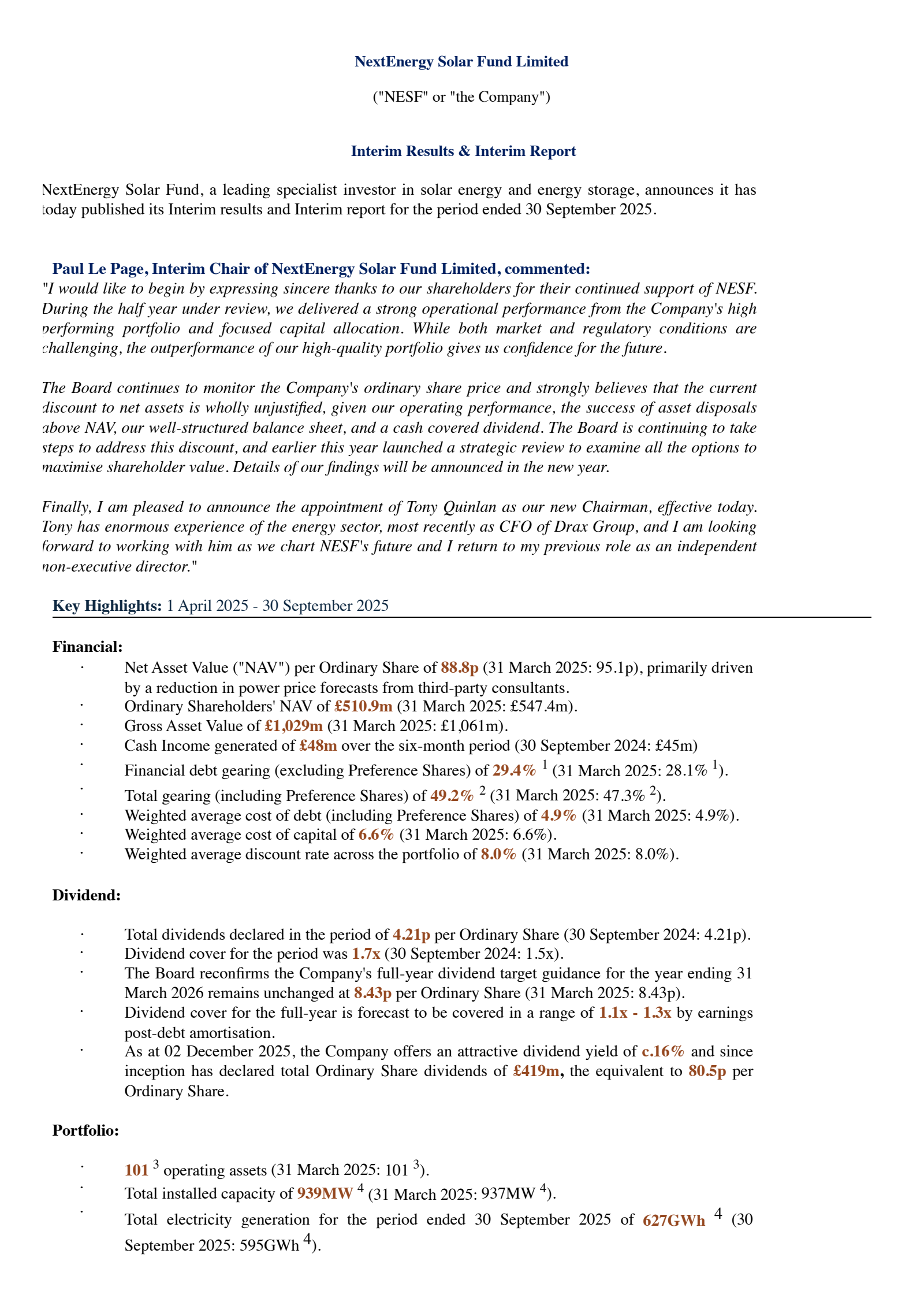 NextEnergy Solar Fund's H1 2026 Interim Report