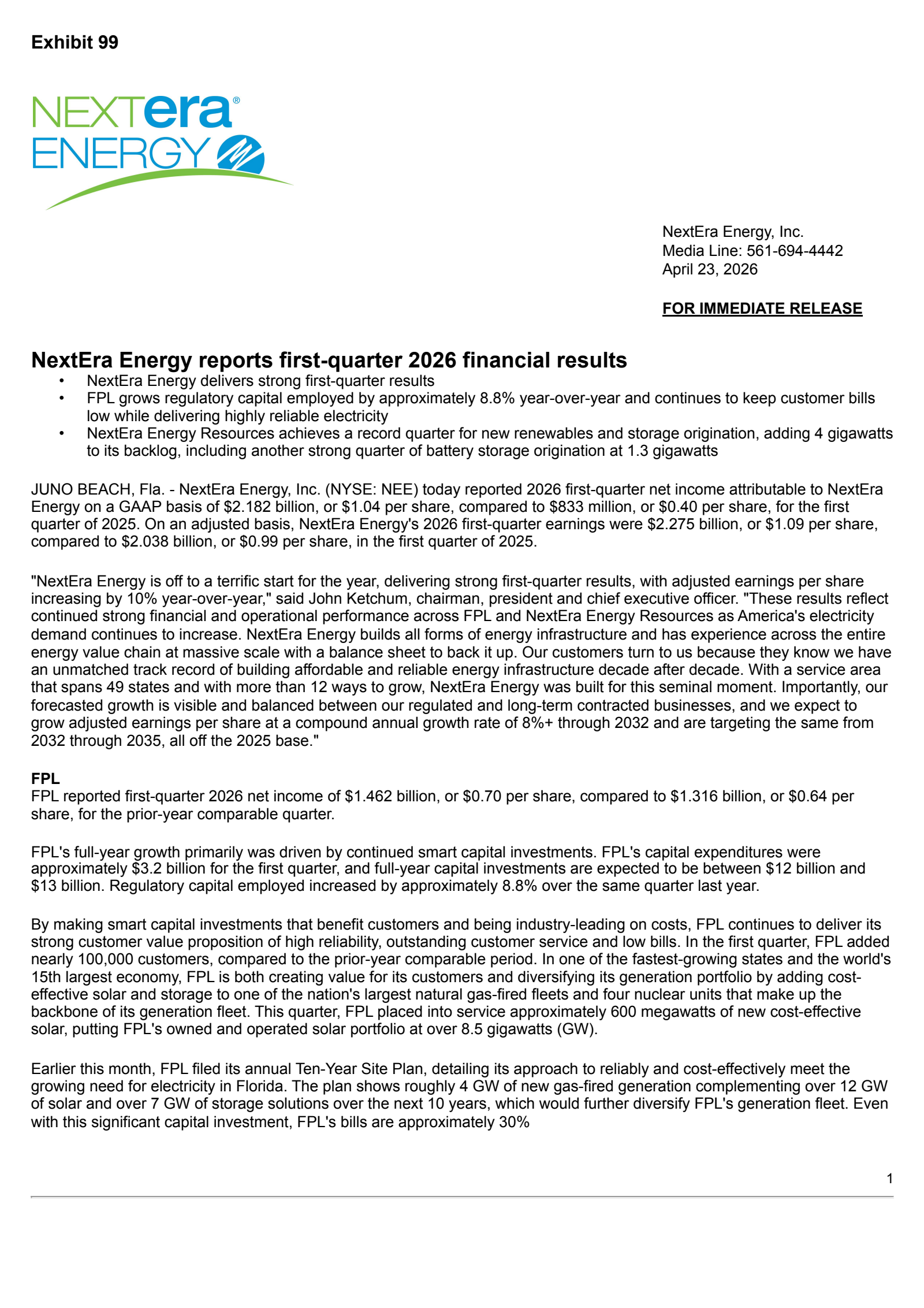 NextEra Energy's Q1 2026 Press Release