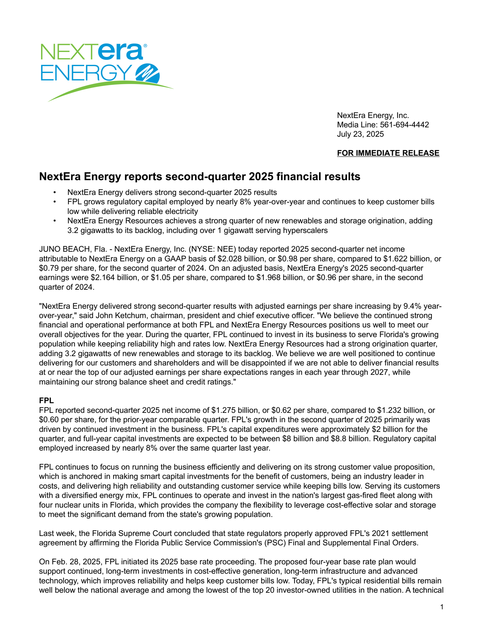 NextEra Energy's Q2 2025 Press Release