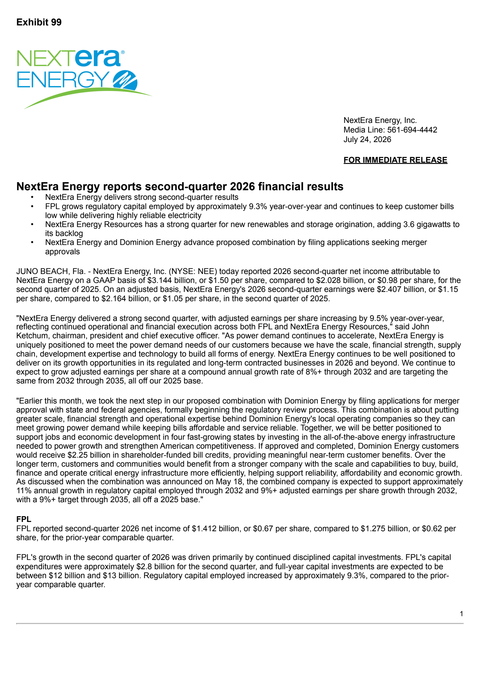 NextEra Energy's Q2 2026 Press Release