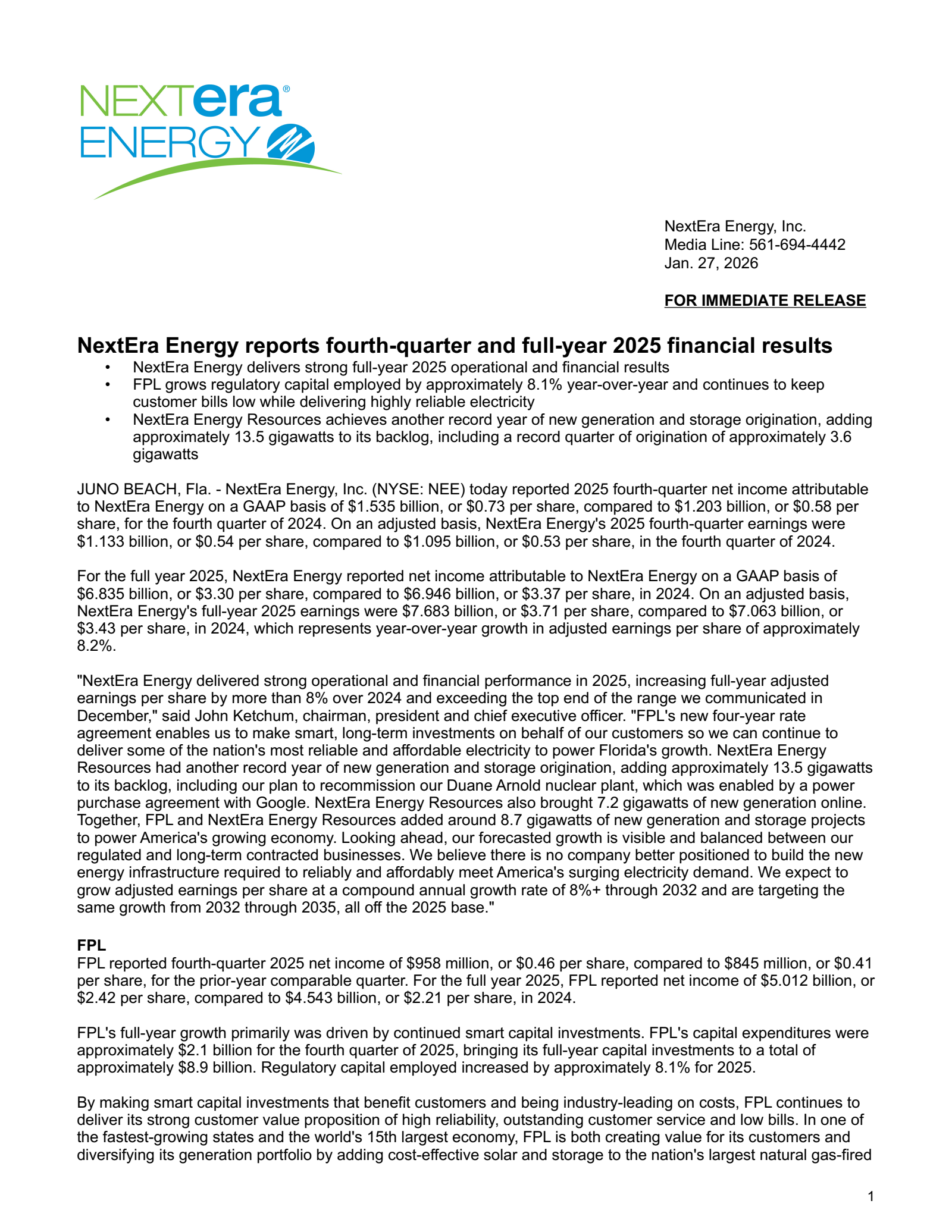 NextEra Energy's Q4 2025 Press Release