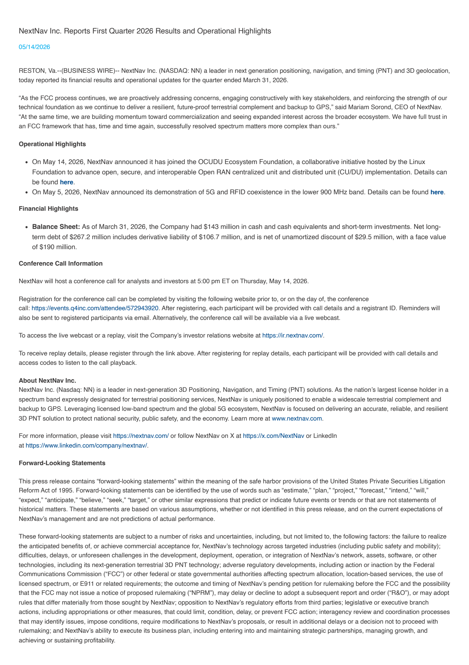 NextNav's Q1 2026 Press Release