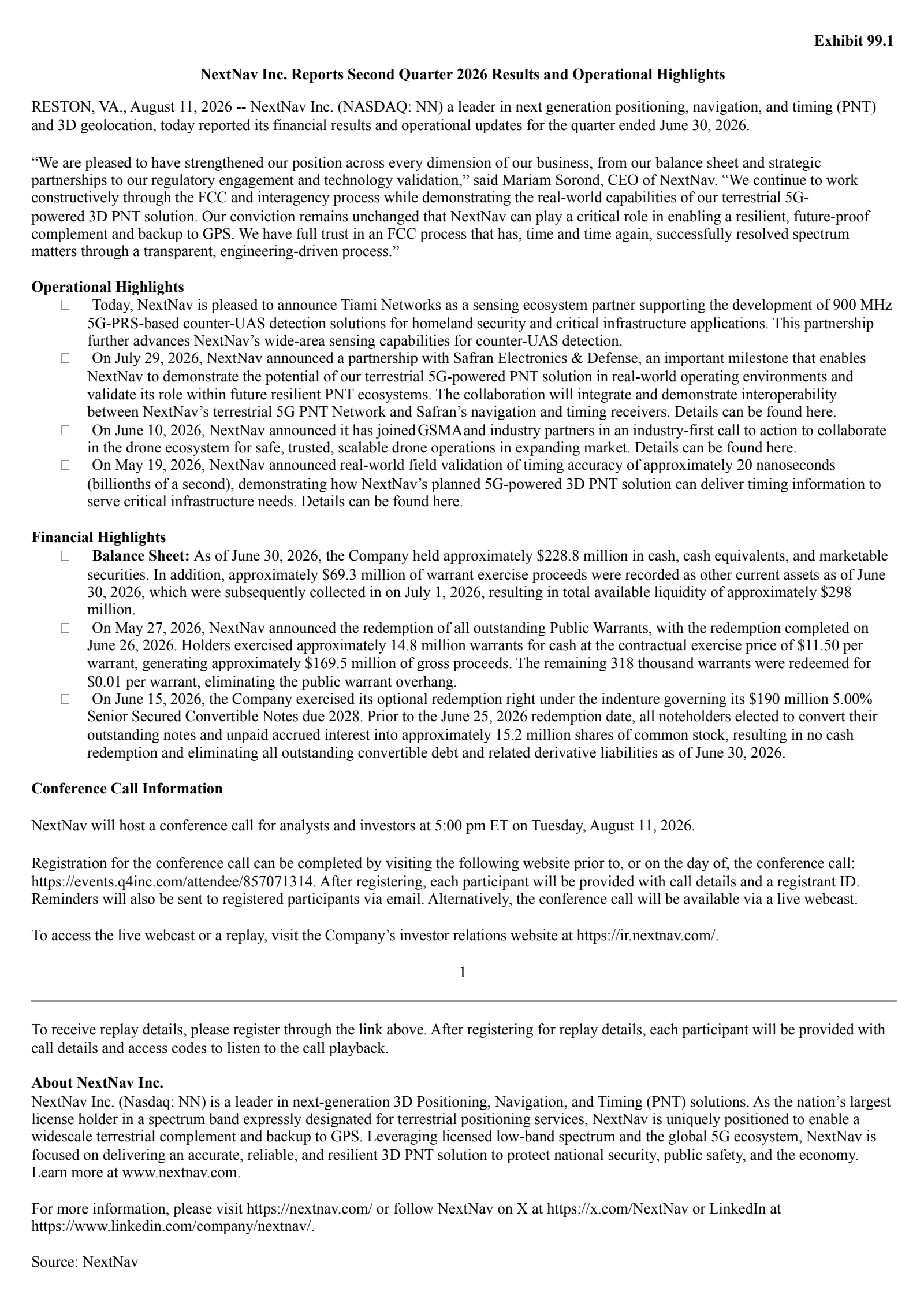 NextNav's Q2 2026 Press Release