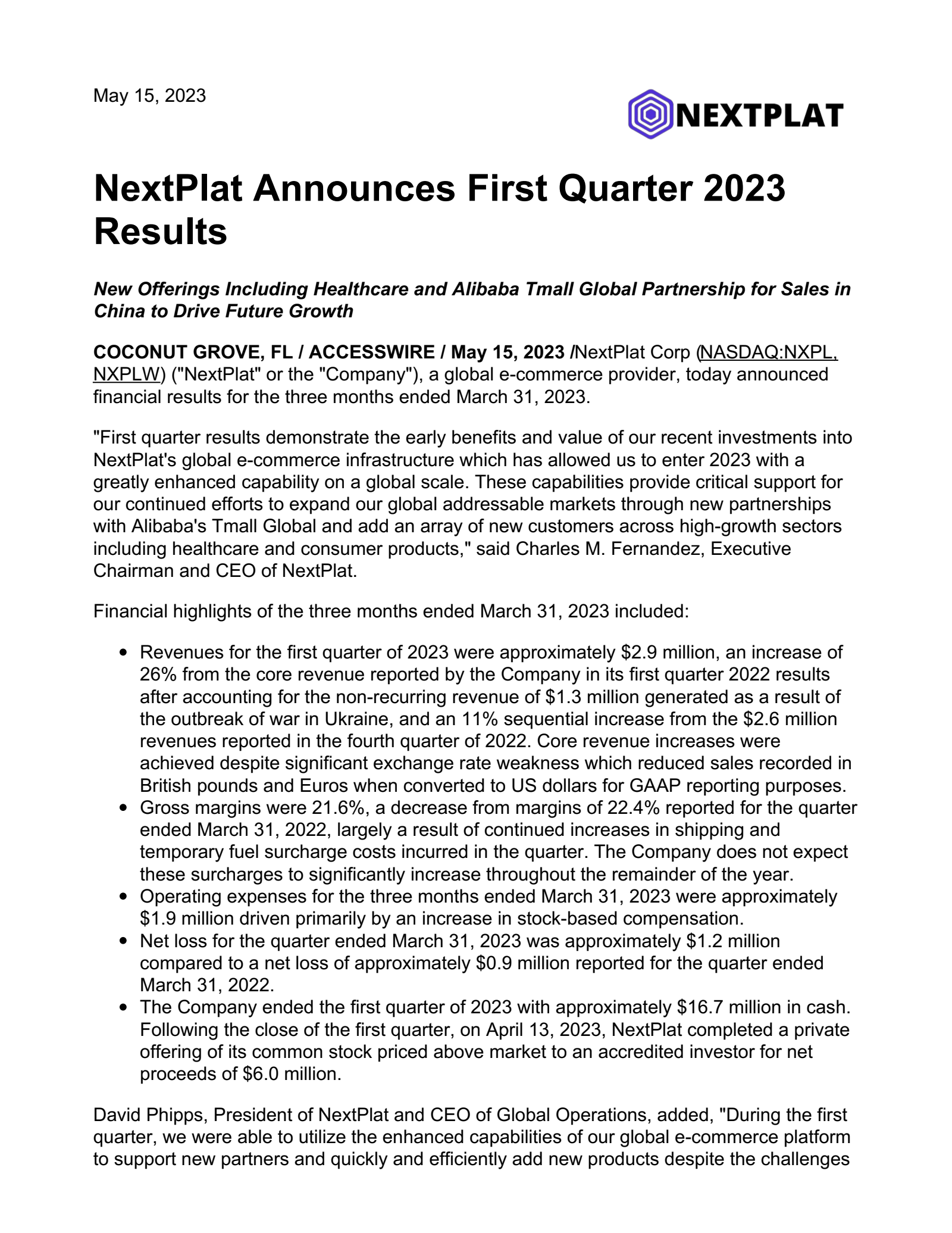 NextPlat's Q1 2023 Press Release