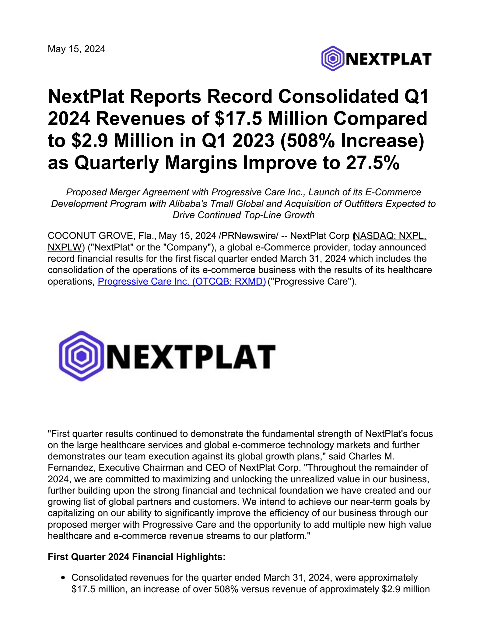NextPlat's Q1 2024 Press Release