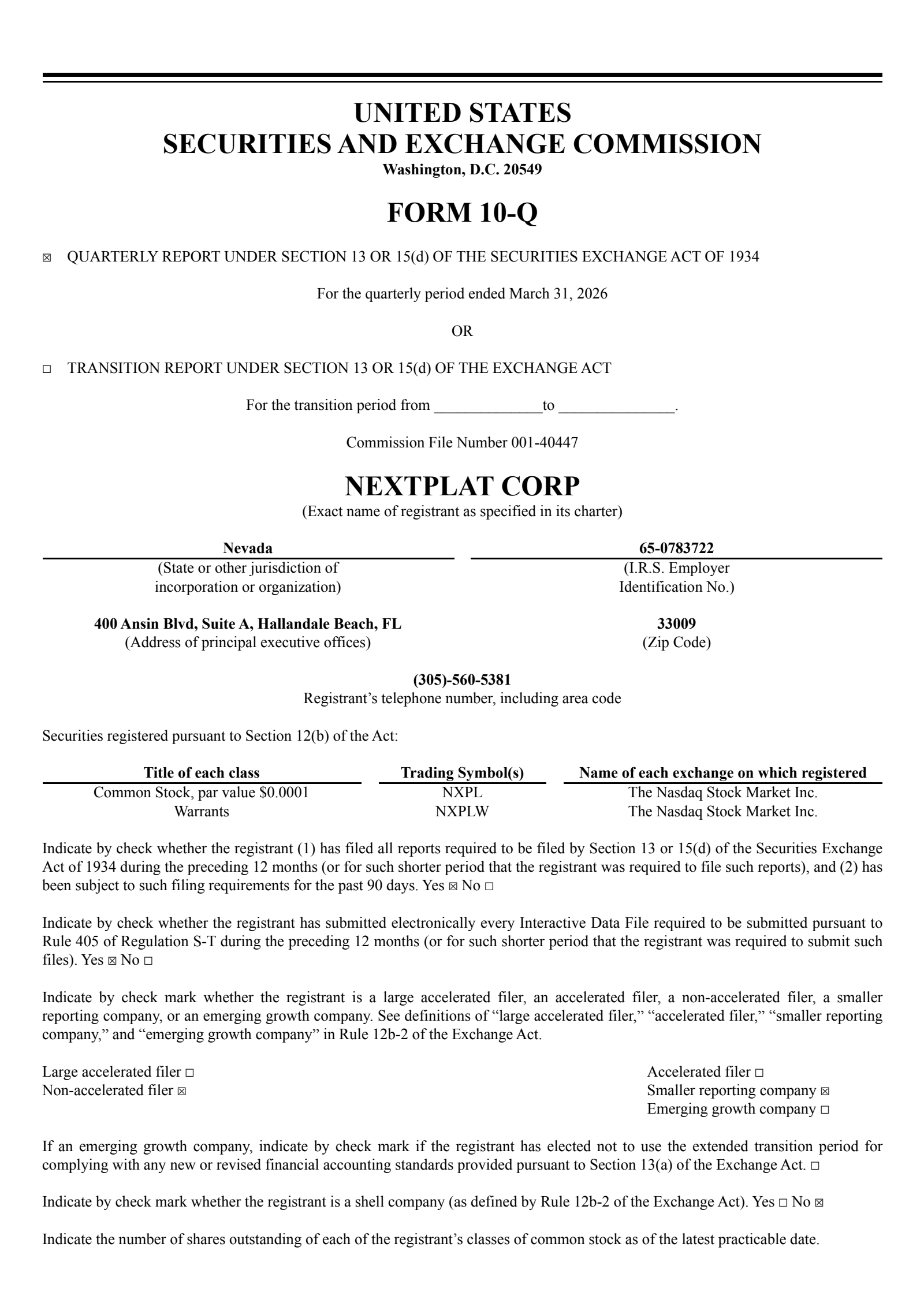 NextPlat's Q1 2026 Quarterly report