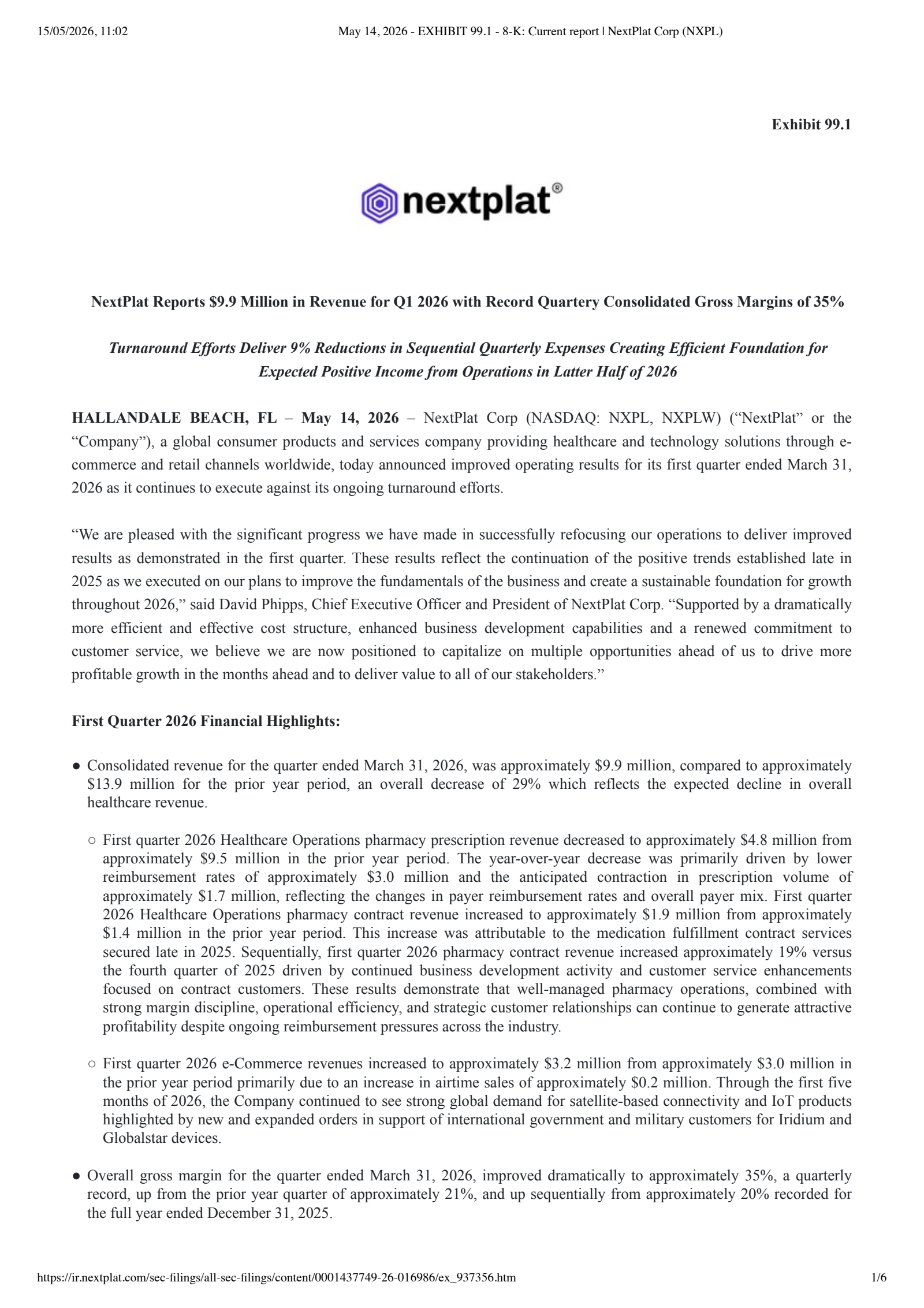 NextPlat's Q1 2026 Press Release
