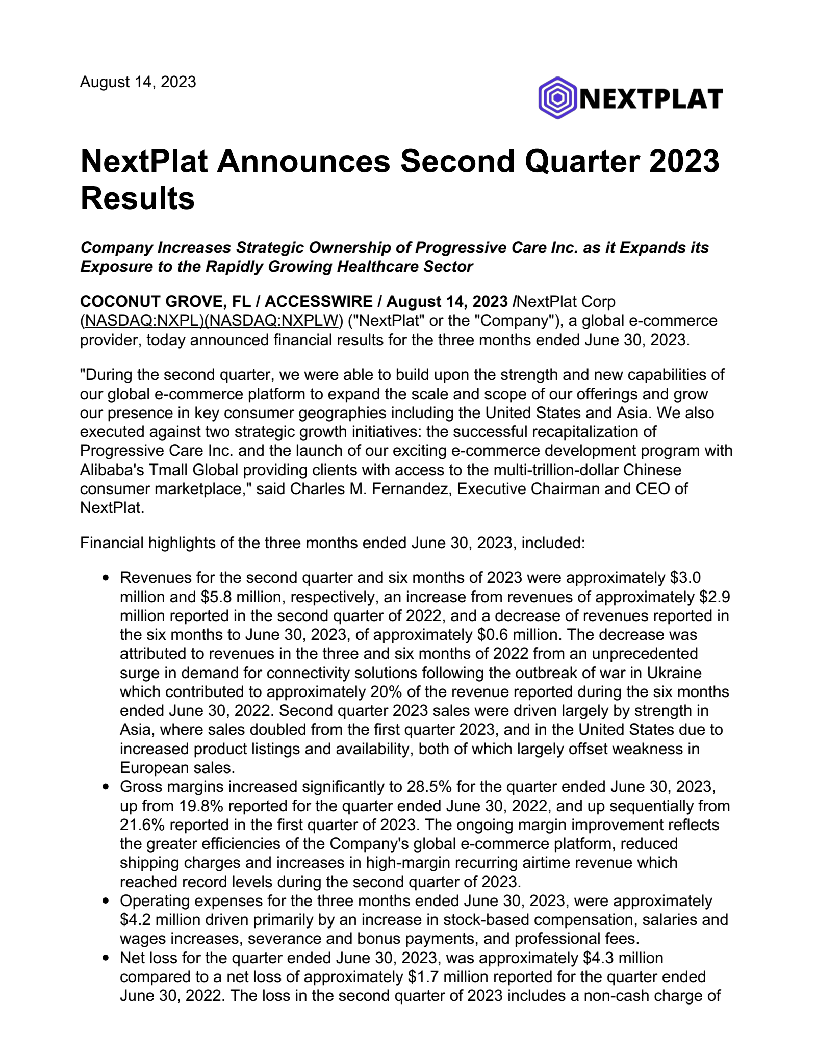 NextPlat's Q2 2023 Press Release