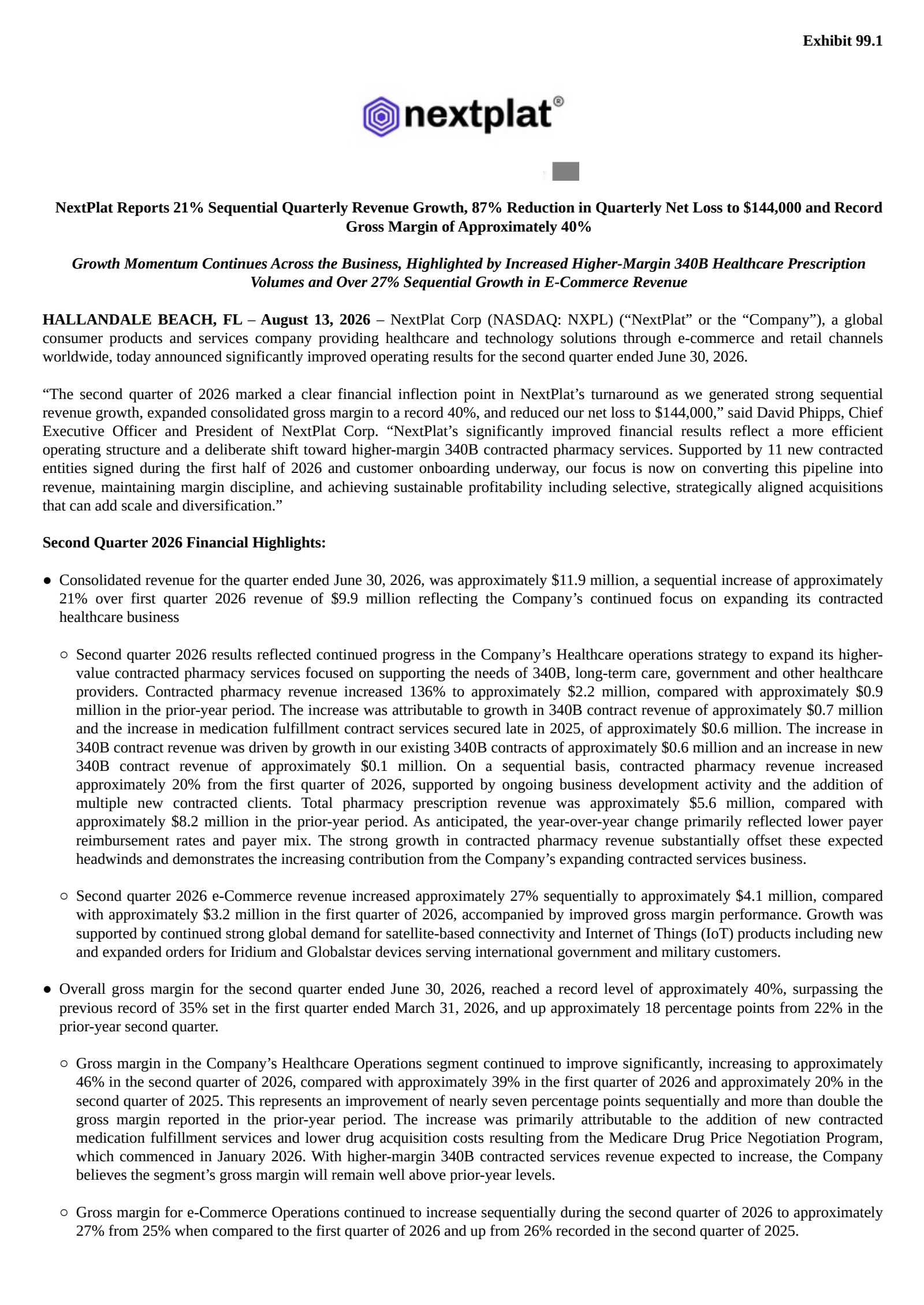 NextPlat's Q2 2026 Press Release