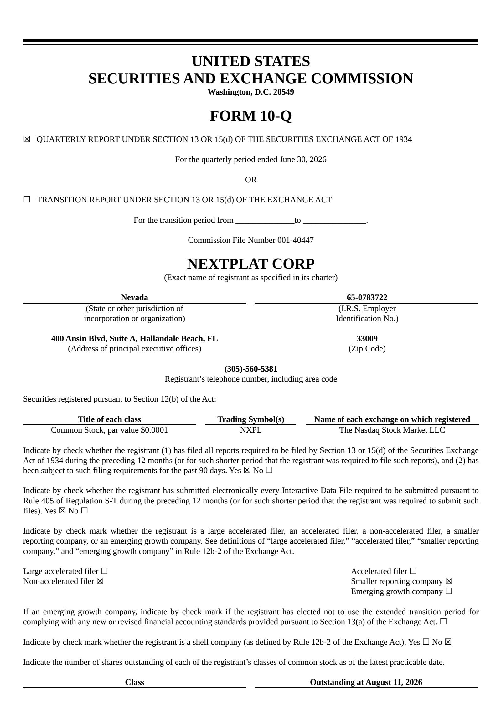 NextPlat's Q2 2026 Quarterly report